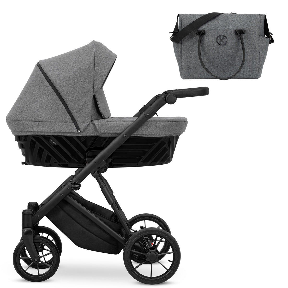 Kombikinderwagen in drei Ansichten: links Seitenansicht mit Babywanne, rechts Frontansicht mit Sportsitz, unten Vorderansicht eines passenden Rucksacks.