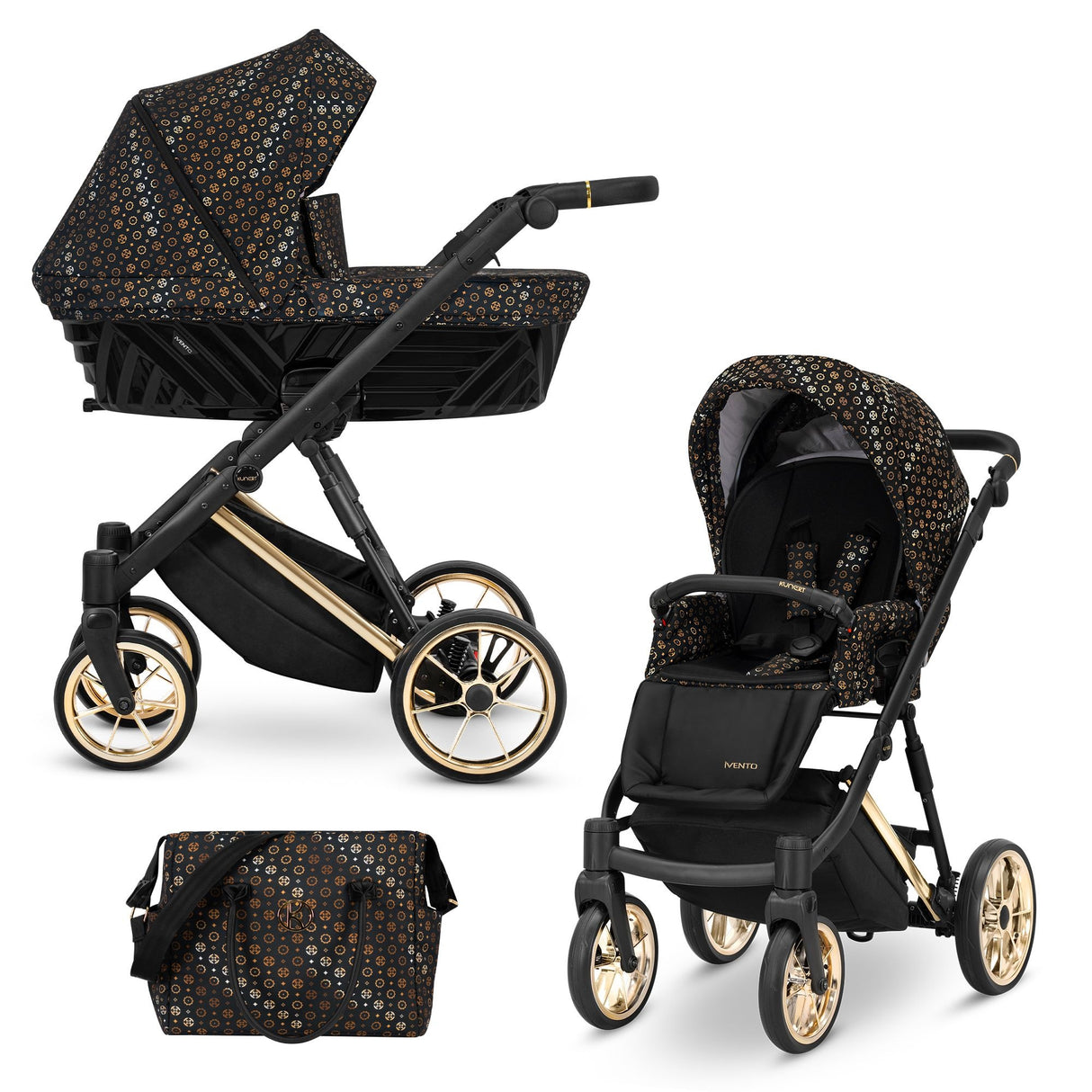 Kombikinderwagen in drei Ansichten: links Seitenansicht mit Babywanne, rechts Frontansicht mit Sportsitz, unten Vorderansicht eines passenden Rucksacks.