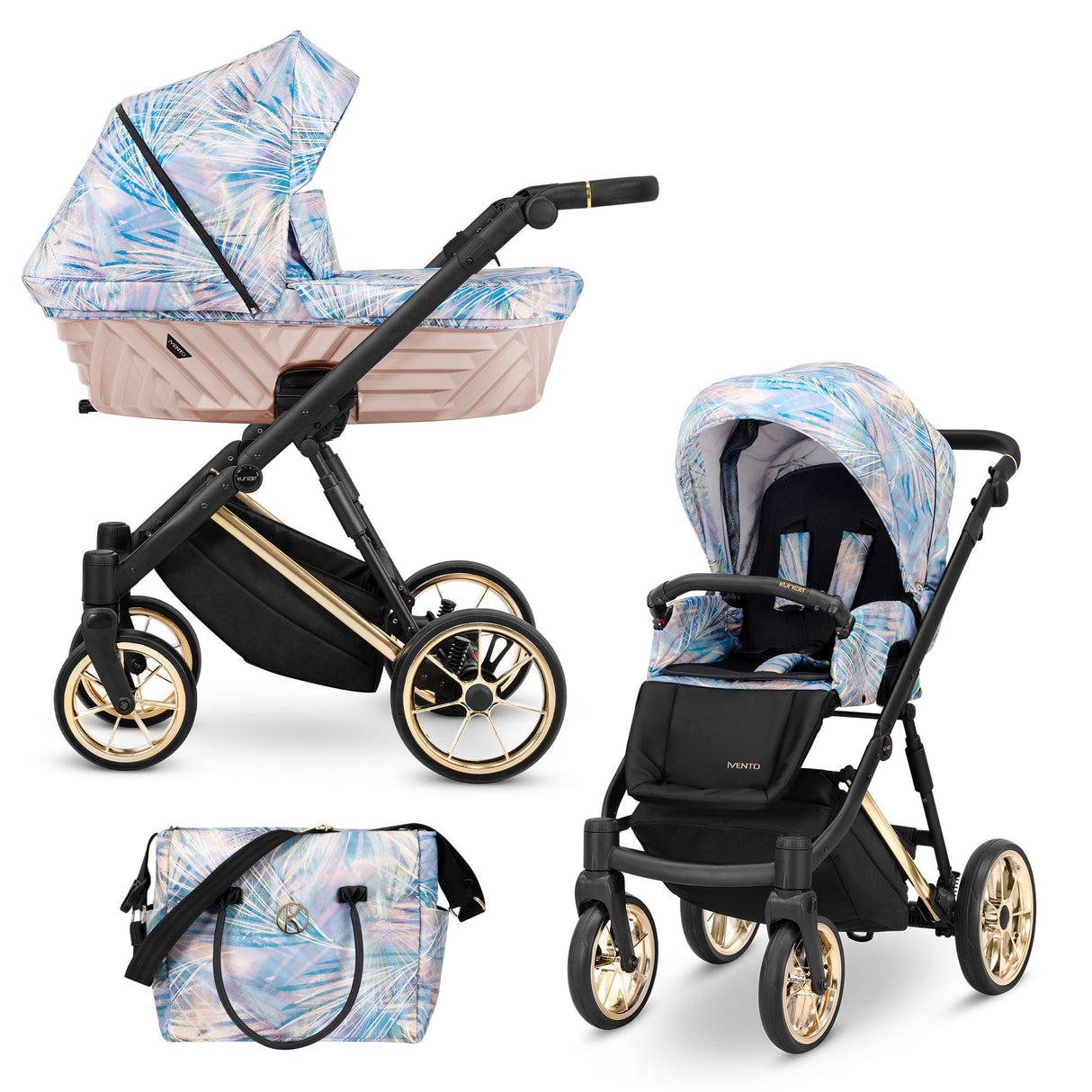 Kombikinderwagen in drei Ansichten: links Seitenansicht mit Babywanne, rechts Frontansicht mit Sportsitz, unten Vorderansicht eines passenden Rucksacks.