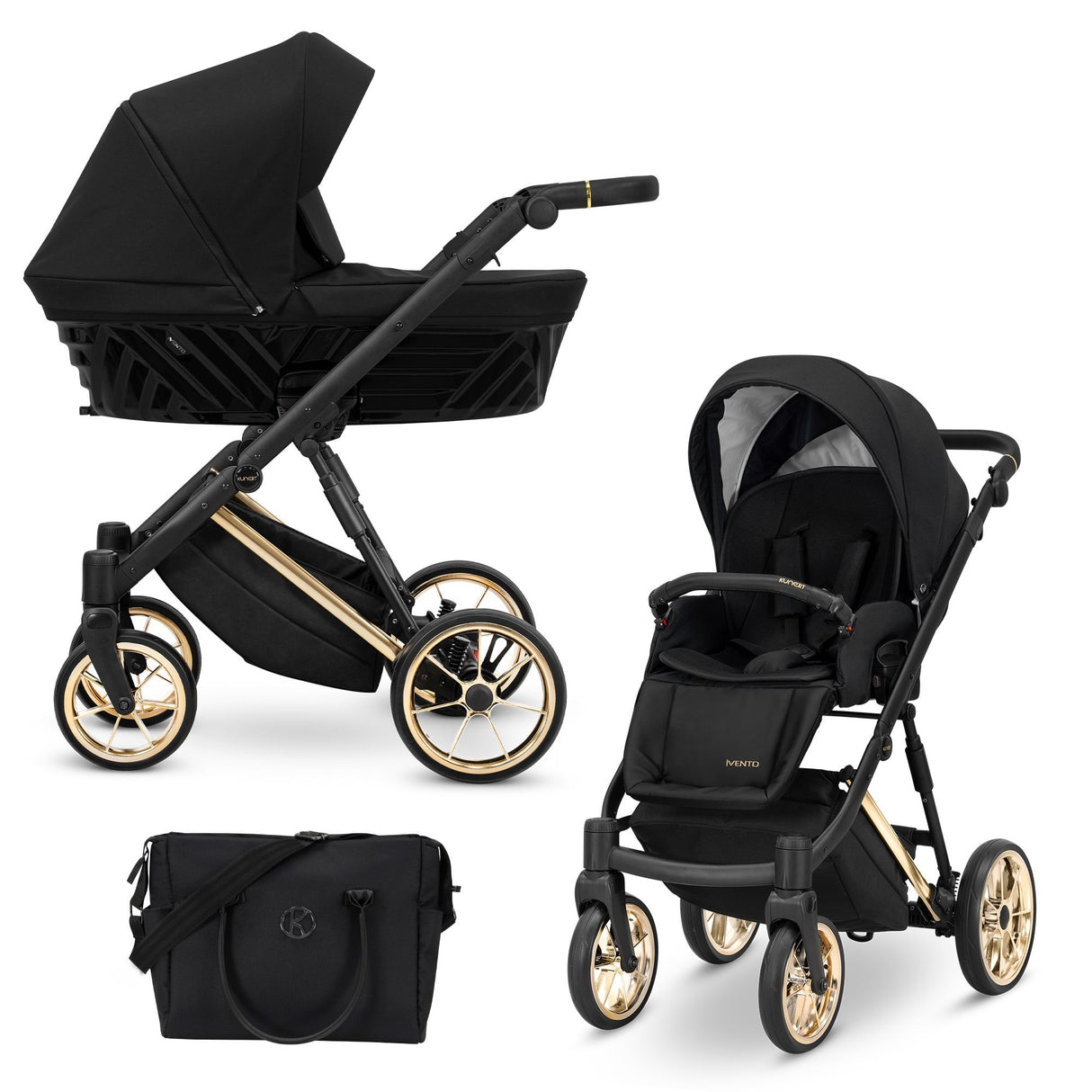 Kombikinderwagen in drei Ansichten: links Seitenansicht mit Babywanne, rechts Frontansicht mit Sportsitz, unten Vorderansicht eines passenden Rucksacks.