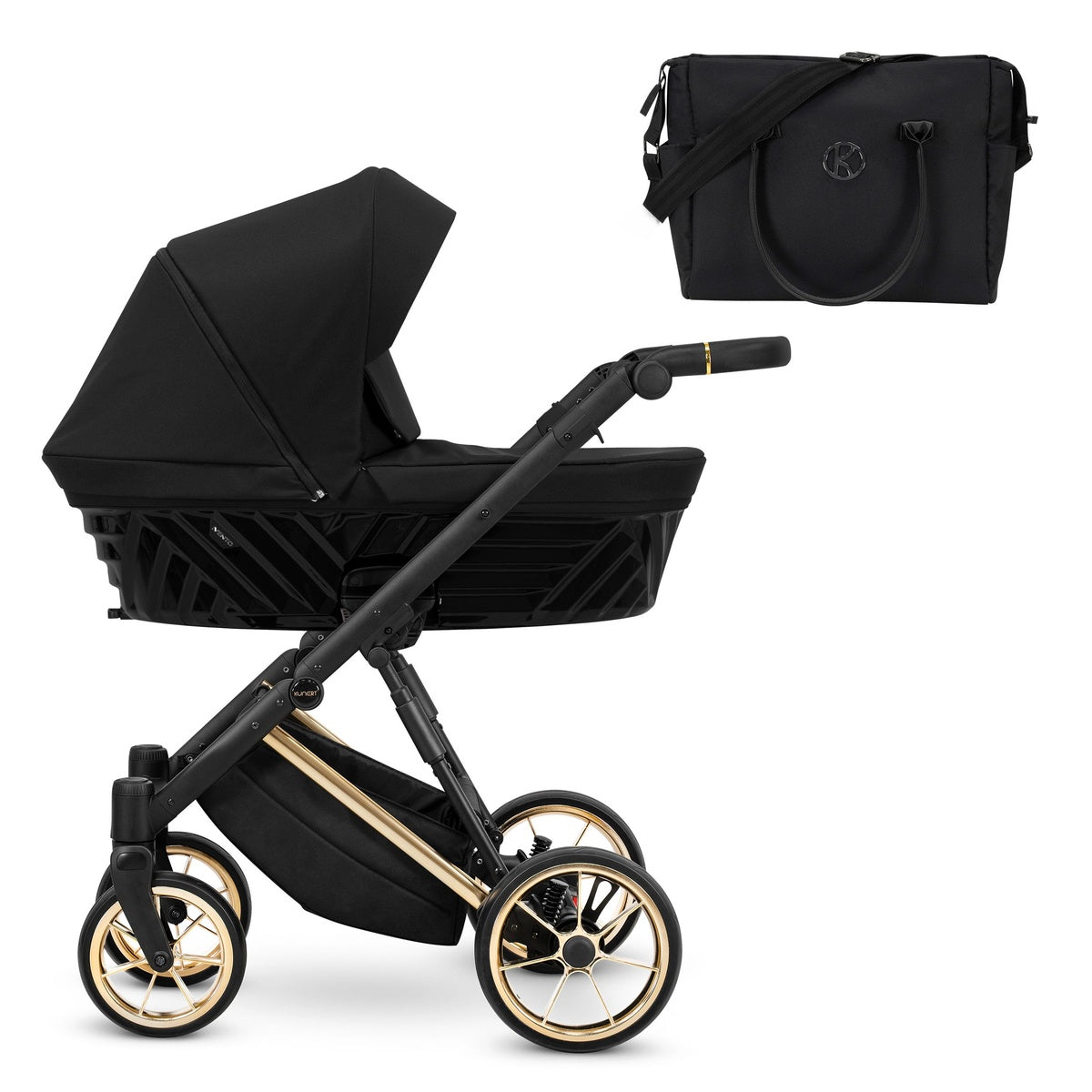 Seitenansicht eines modernen Kinderwagens, oben passende Tasche