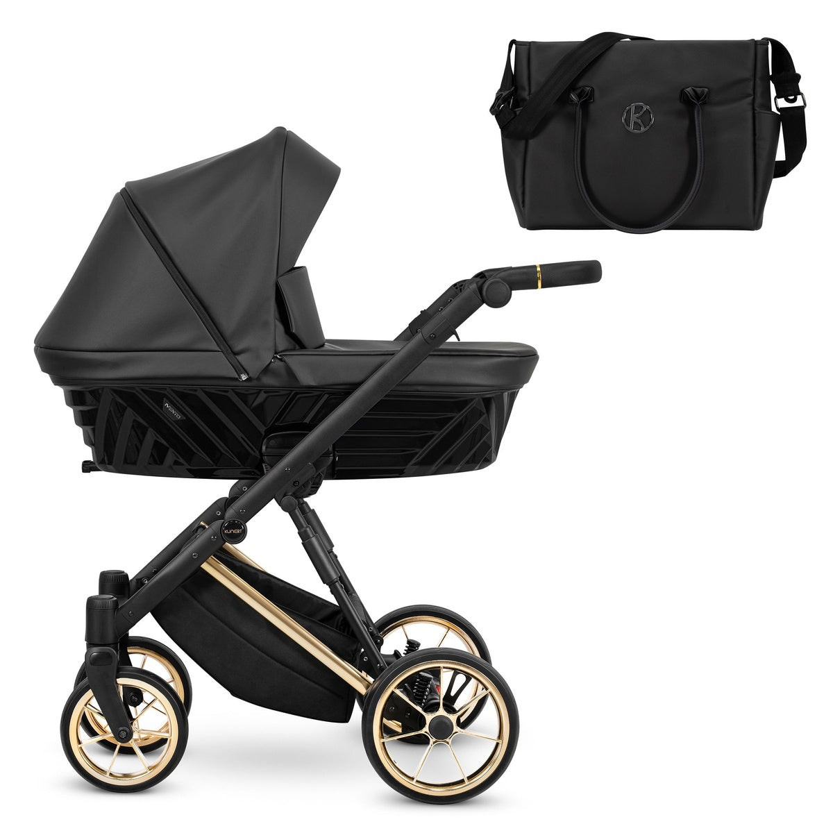 Ansicht von Links eines modernen Kinderwagens, sichtbar mit Sonnenverdeck, Sicherheitsbügel, Vier-Rad-Fahrgestell und geräumigem Unterkorb, oben Vorderansicht eines passenden Rucksacks.