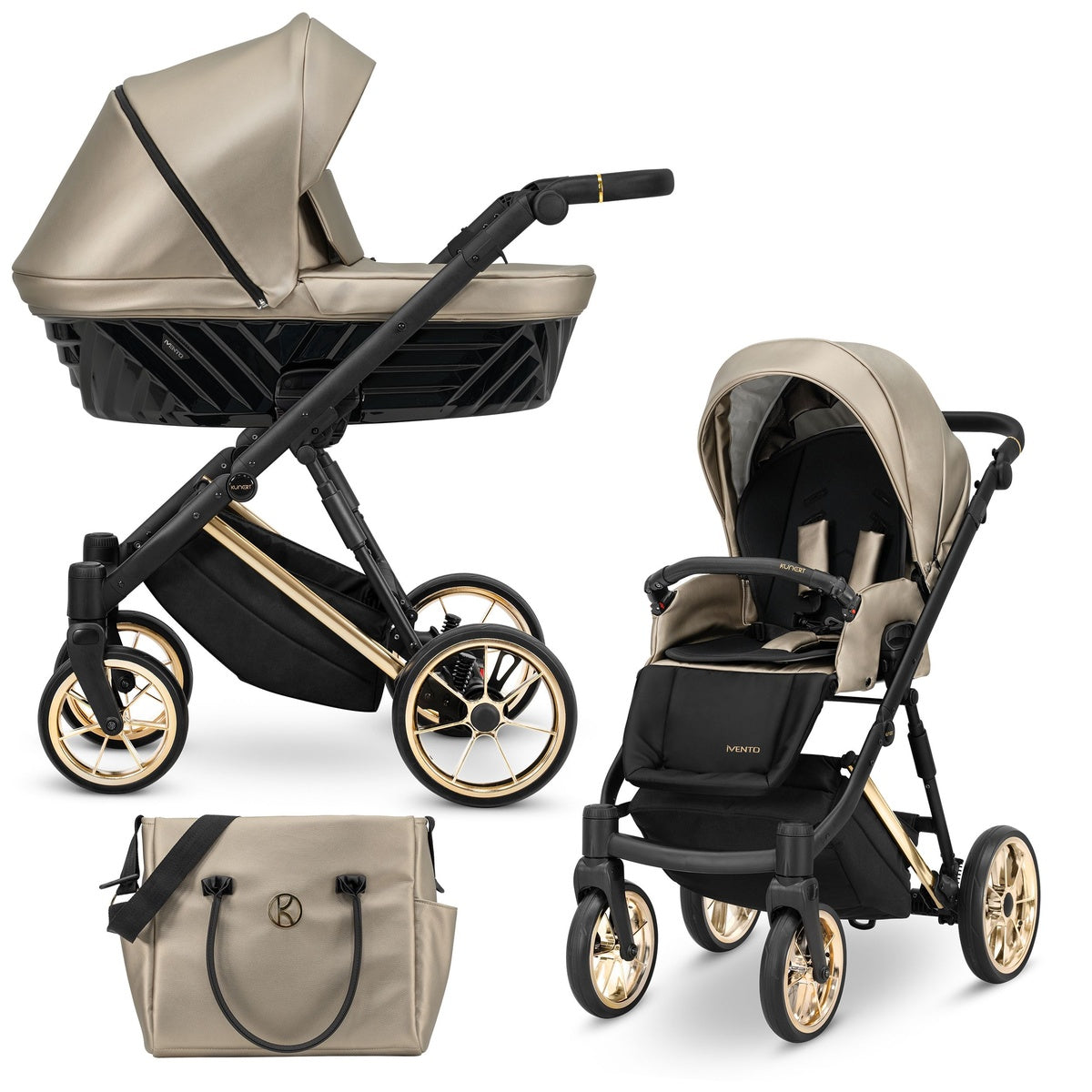 Kombikinderwagen in drei Ansichten: links Seitenansicht mit Babywanne, rechts Frontansicht mit Sportsitz, unten Vorderansicht eines passenden Rucksacks.