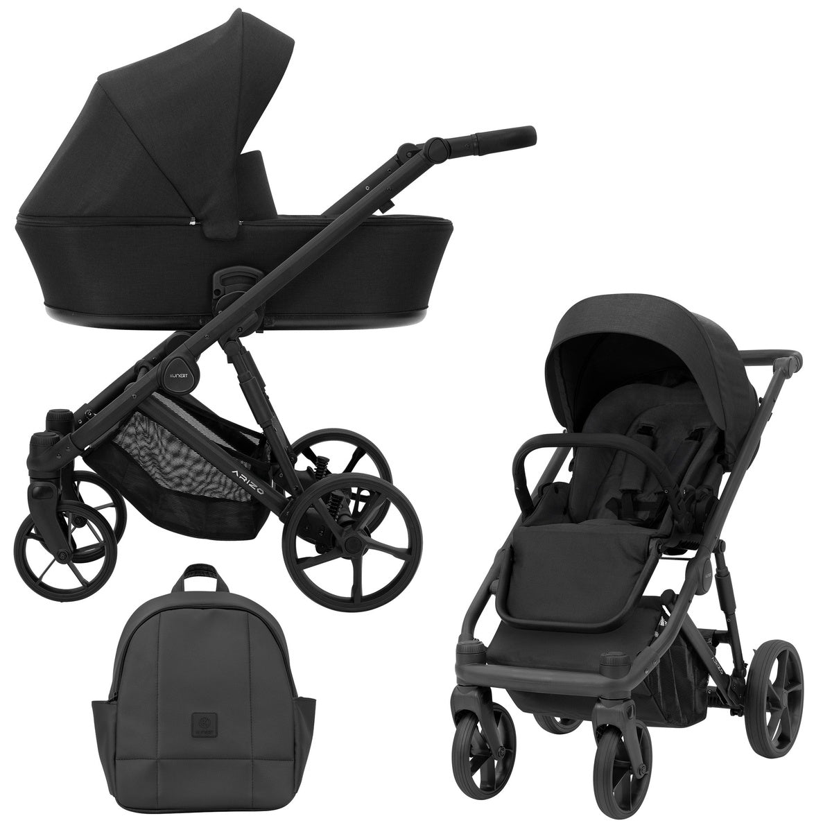 Kombikinderwagen in zwei Ansichten: links Seitenansicht, rechts Frontansicht, unten Vorderansicht eines passenden Rucksacks.