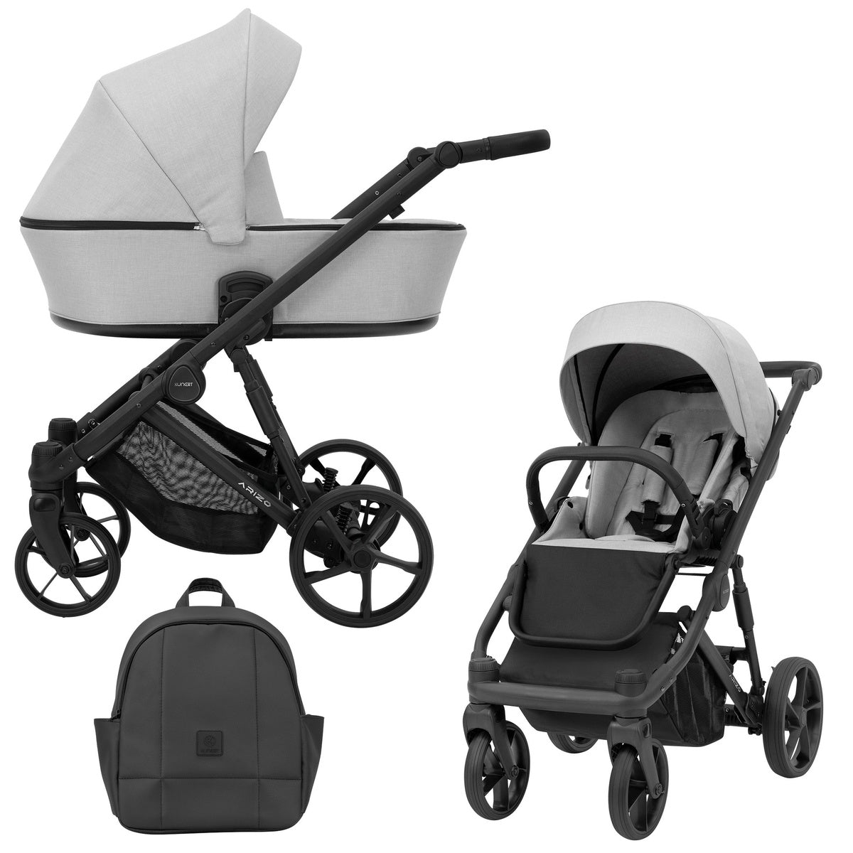 Grauer Kombikinderwagen in drei Ansichten: links Seitenansicht mit Babywanne, rechts Frontansicht mit Sportsitz, unten Vorderansicht eines passenden Rucksacks.