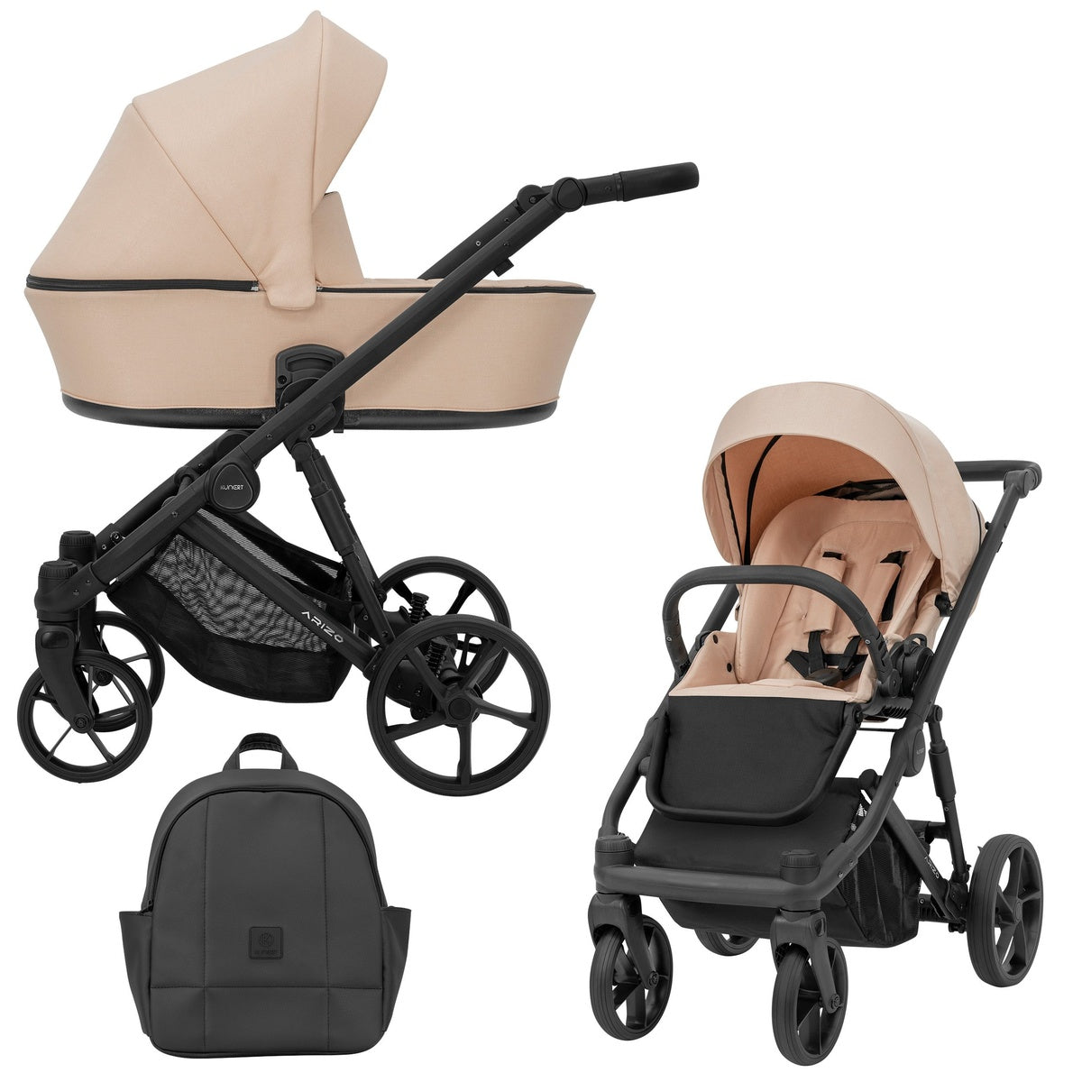 Pinker Kombikinderwagen in drei Ansichten: links Seitenansicht mit Babywanne, rechts Frontansicht mit Sportsitz, unten Vorderansicht eines passenden Rucksacks.