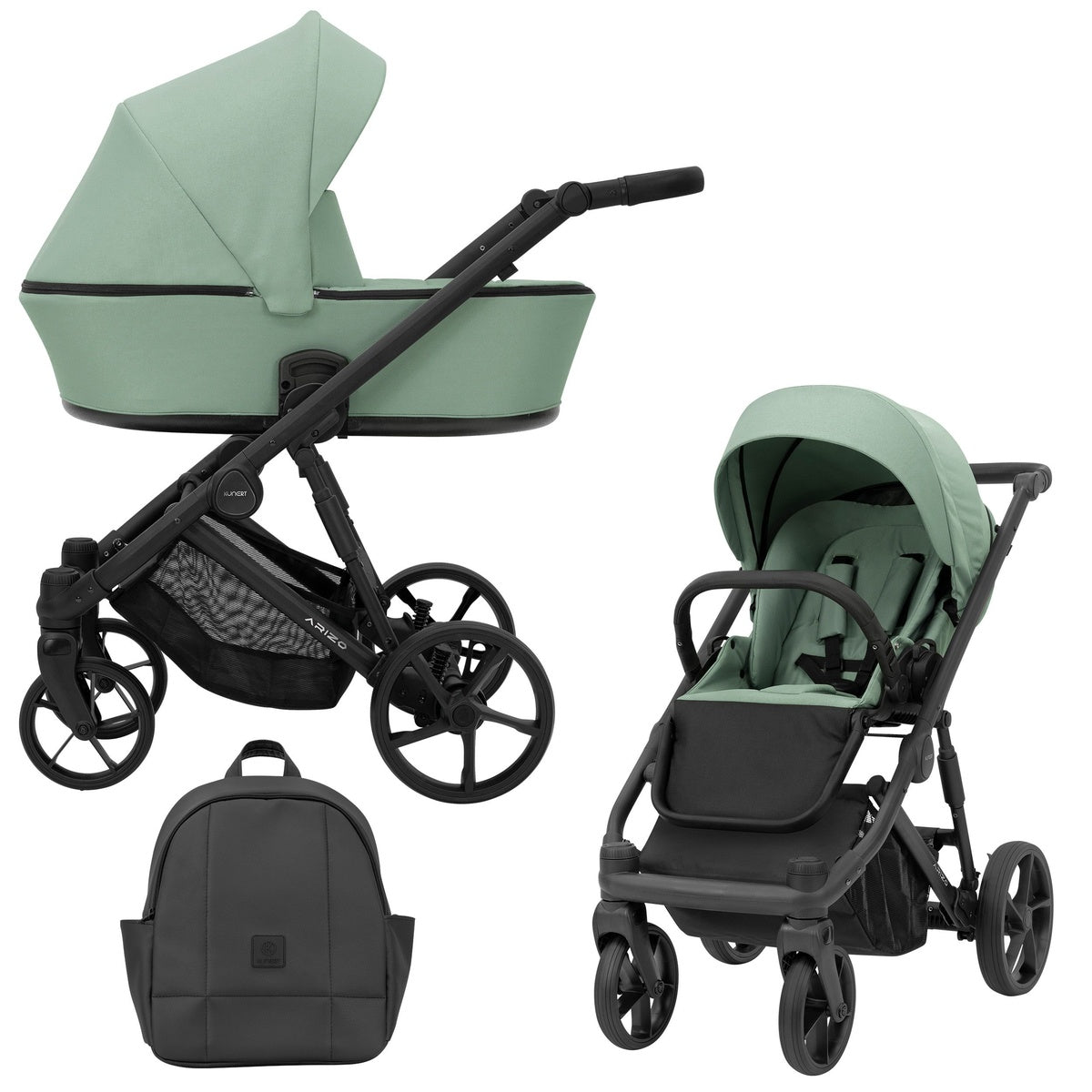 Minzfarbener Kombikinderwagen in drei Ansichten: links Seitenansicht mit Babywanne, rechts Frontansicht mit Sportsitz, unten Vorderansicht eines passenden Rucksacks.