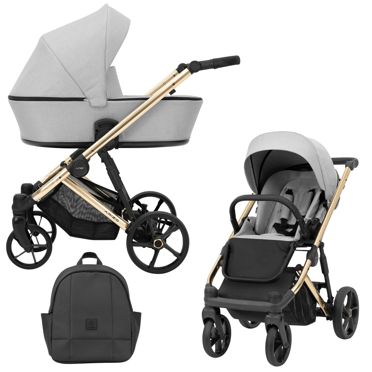 Silberner Kombikinderwagen mit goldenem Gestell in drei Ansichten: links Seitenansicht mit Babywanne, rechts Frontansicht mit Sportsitz, unten Vorderansicht eines passenden Rucksacks.