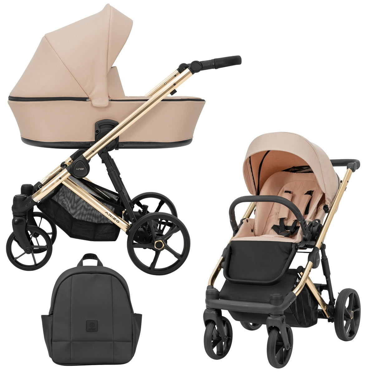 Pinker Kombikinderwagen mit goldenem Gestell in drei Ansichten: links Seitenansicht mit Babywanne, rechts Frontansicht mit Sportsitz, unten Vorderansicht eines passenden Rucksacks.