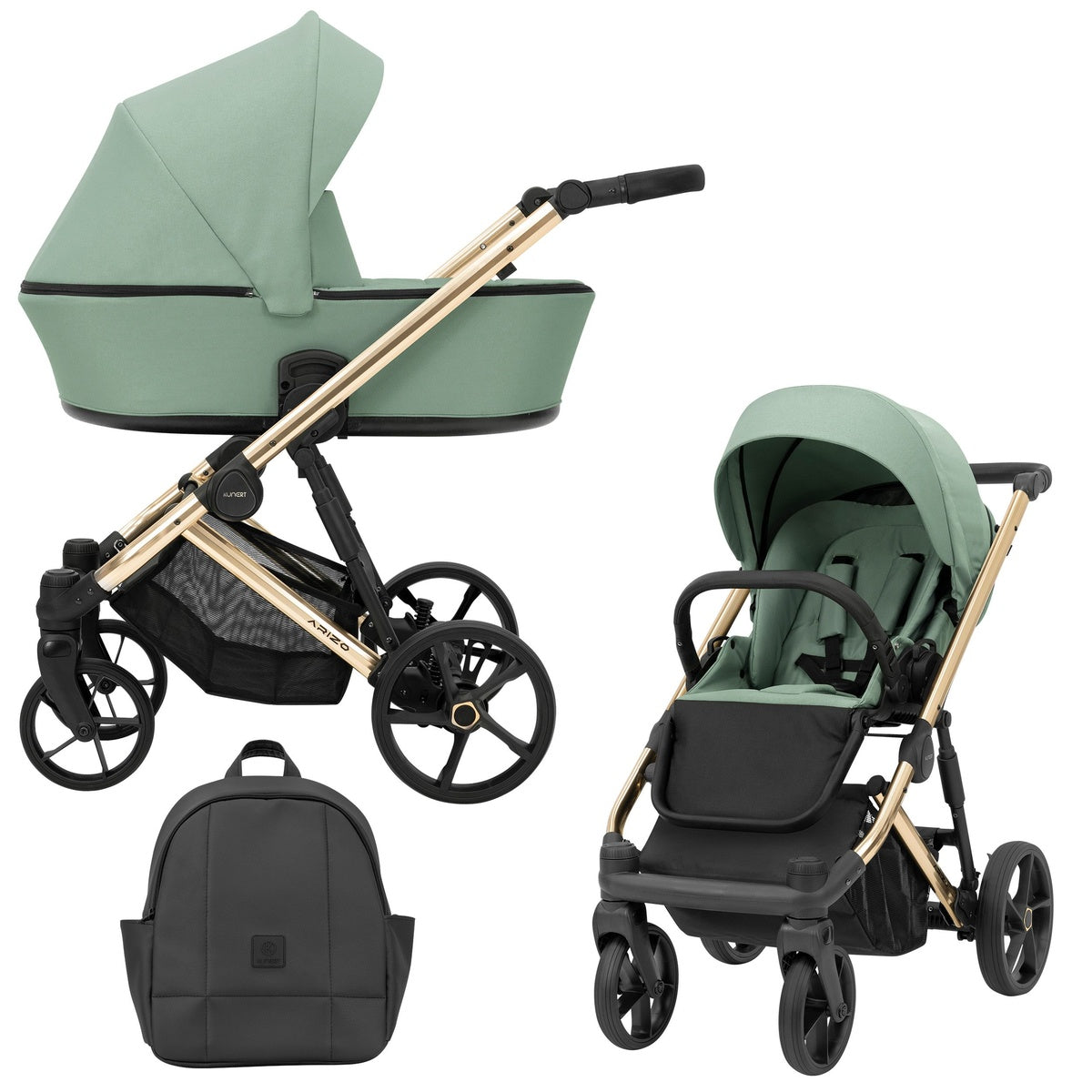 Minzgrüner Kombikinderwagen mit goldenem Gestell in drei Ansichten: links Seitenansicht mit Babywanne, rechts Frontansicht mit Sportsitz, unten Vorderansicht eines passenden Rucksacks.