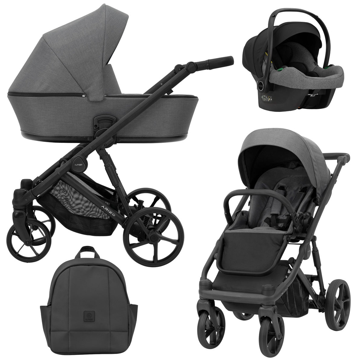 Graphitfarbener Kombikinderwagen in drei Ansichten: links Seitenansicht mit Babywanne, rechts Frontansicht mit Sportsitz, unten Vorderansicht eines passenden Rucksacks rechts oben Ansicht eines passenden Autositz dazu.