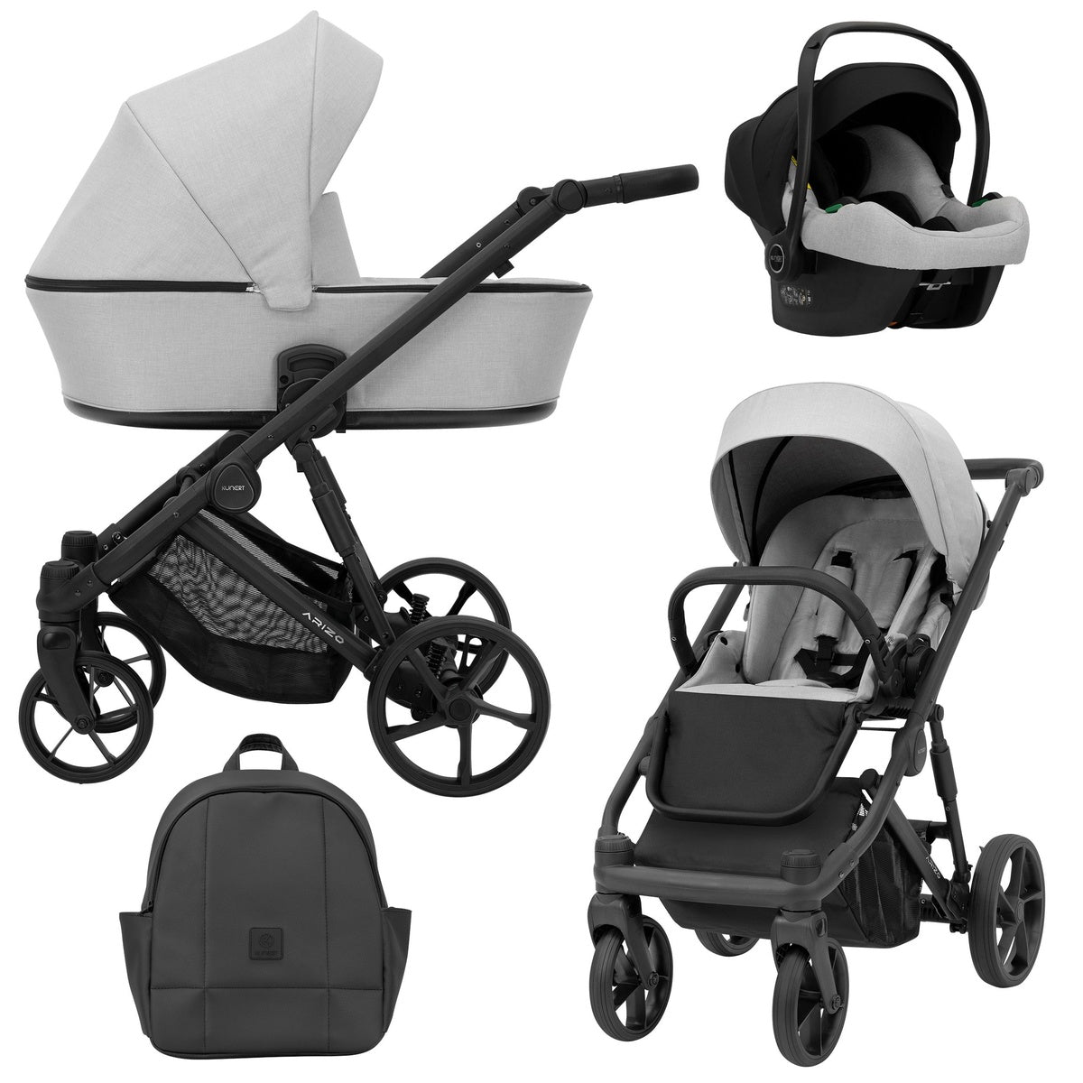 Grauer Kombikinderwagen in drei Ansichten: links Seitenansicht mit Babywanne, rechts Frontansicht mit Sportsitz, unten Vorderansicht eines passenden Rucksacks, rechts oben Ansicht eines passenden Autositz dazu.