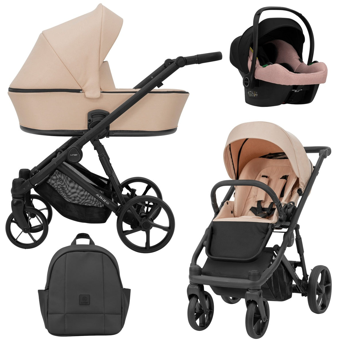 Pinker Kombikinderwagen in drei Ansichten: links Seitenansicht mit Babywanne, rechts Frontansicht mit Sportsitz, unten Vorderansicht eines passenden Rucksacks, rechts oben Ansicht eines passenden Autositz dazu.