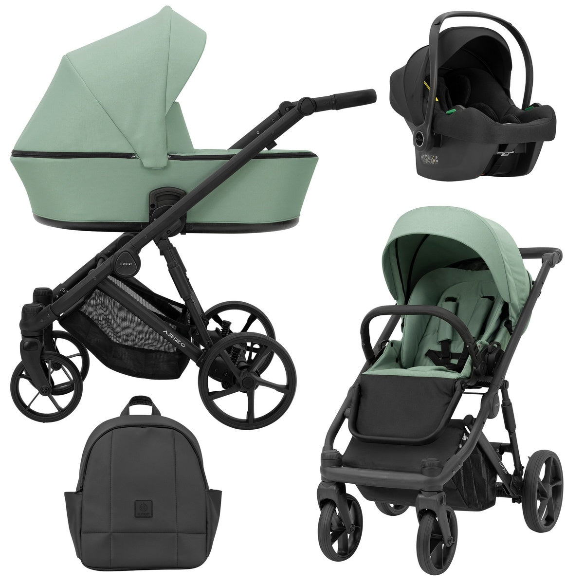 Minzfarbener Kombikinderwagen in drei Ansichten: links Seitenansicht mit Babywanne, rechts Frontansicht mit Sportsitz, unten Vorderansicht eines passenden Rucksacks, rechts oben Ansicht eines passenden Autositz dazu.