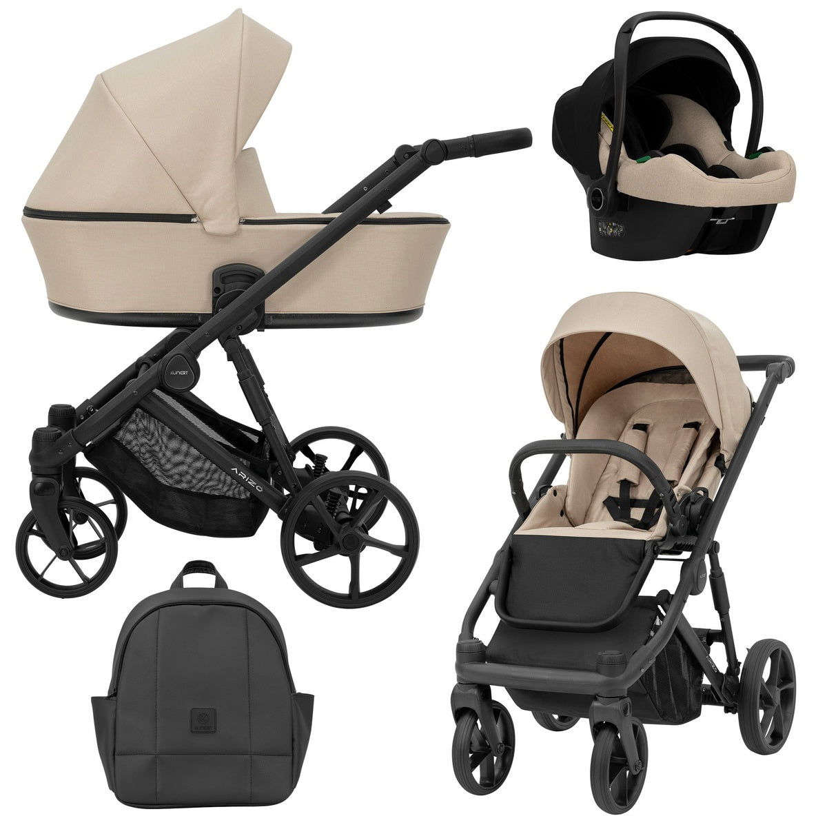 Cremefarbener Kombikinderwagen in drei Ansichten: links Seitenansicht mit Babywanne, rechts Frontansicht mit Sportsitz, unten Vorderansicht eines passenden Rucksacks, rechts oben Ansicht eines passenden Autositz dazu.