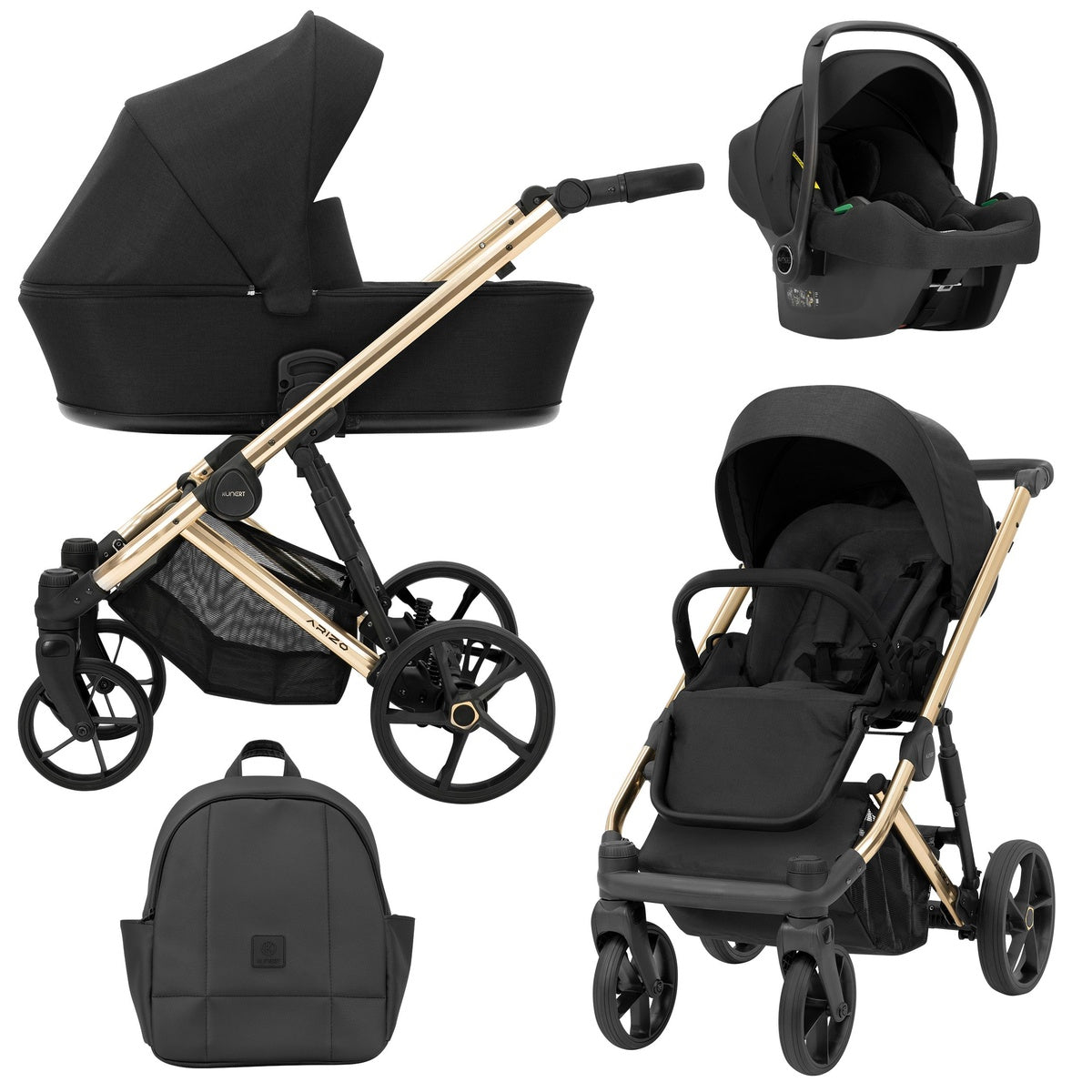 Schwarzer Kombikinderwagen in drei Ansichten: links Seitenansicht mit Babywanne, rechts Frontansicht mit Sportsitz, unten Vorderansicht eines passenden Rucksacks, rechts oben Ansicht eines passenden Autositz dazu.