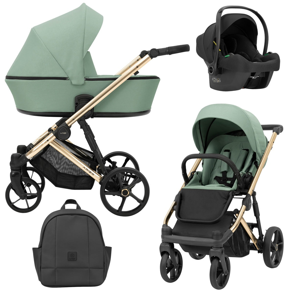 Minzgrüner Kombikinderwagen mit goldenem Gestell in drei Ansichten: links Seitenansicht mit Babywanne, rechts Frontansicht mit Sportsitz, unten Vorderansicht eines passenden Rucksacks, rechts oben Ansicht eines passenden Autositz dazu.