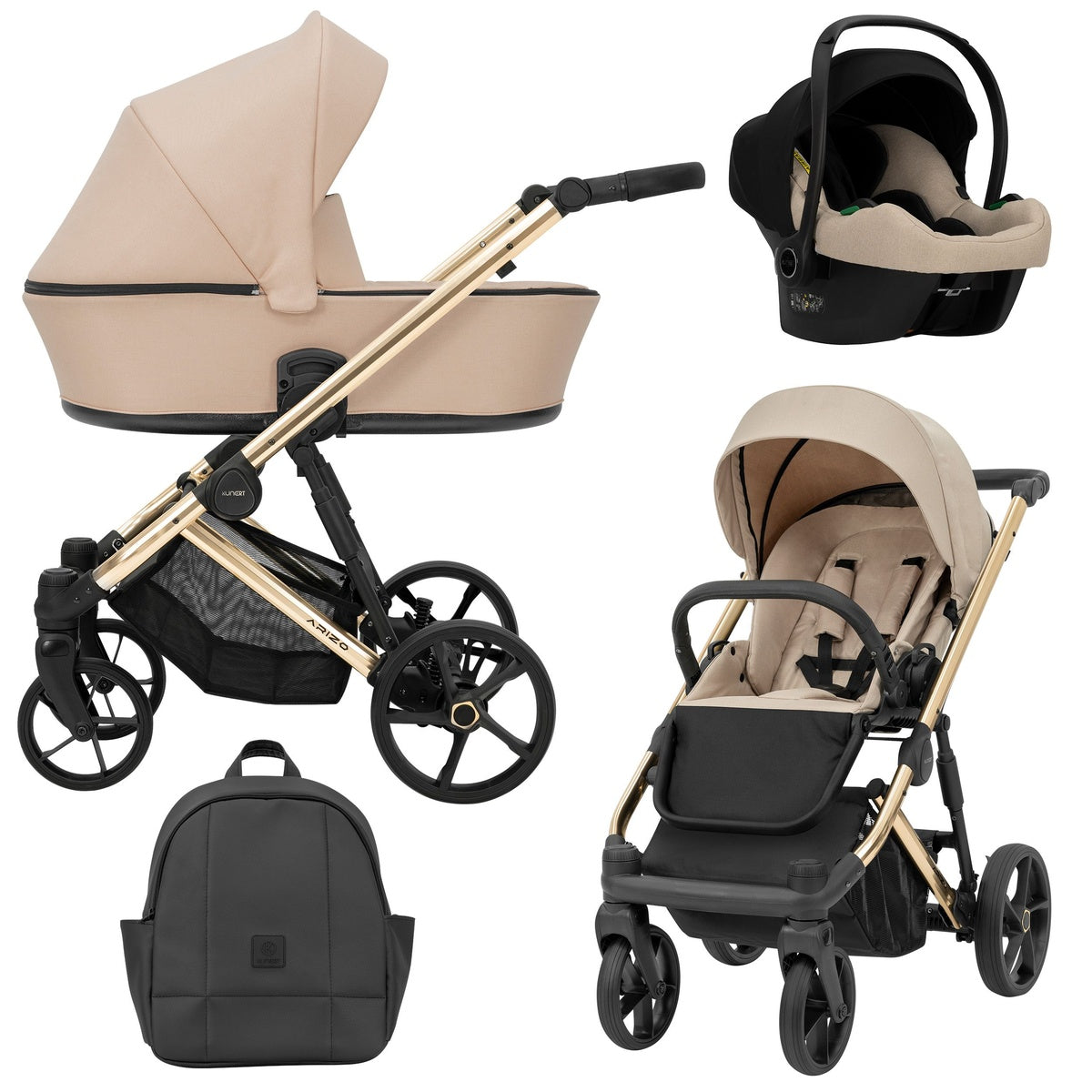 Cremefarbener Kombikinderwagen mit goldenem Gestell in drei Ansichten: links Seitenansicht mit Babywanne, rechts Frontansicht mit Sportsitz, unten Vorderansicht eines passenden Rucksacks, rechts oben Ansicht eines passenden Autositz dazu.