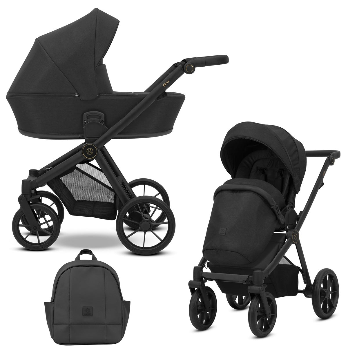 Kombikinderwagen in drei Ansichten: links Seitenansicht mit Babywanne, rechts Frontansicht mit Sportsitz, unten Vorderansicht eines passenden Rucksacks.