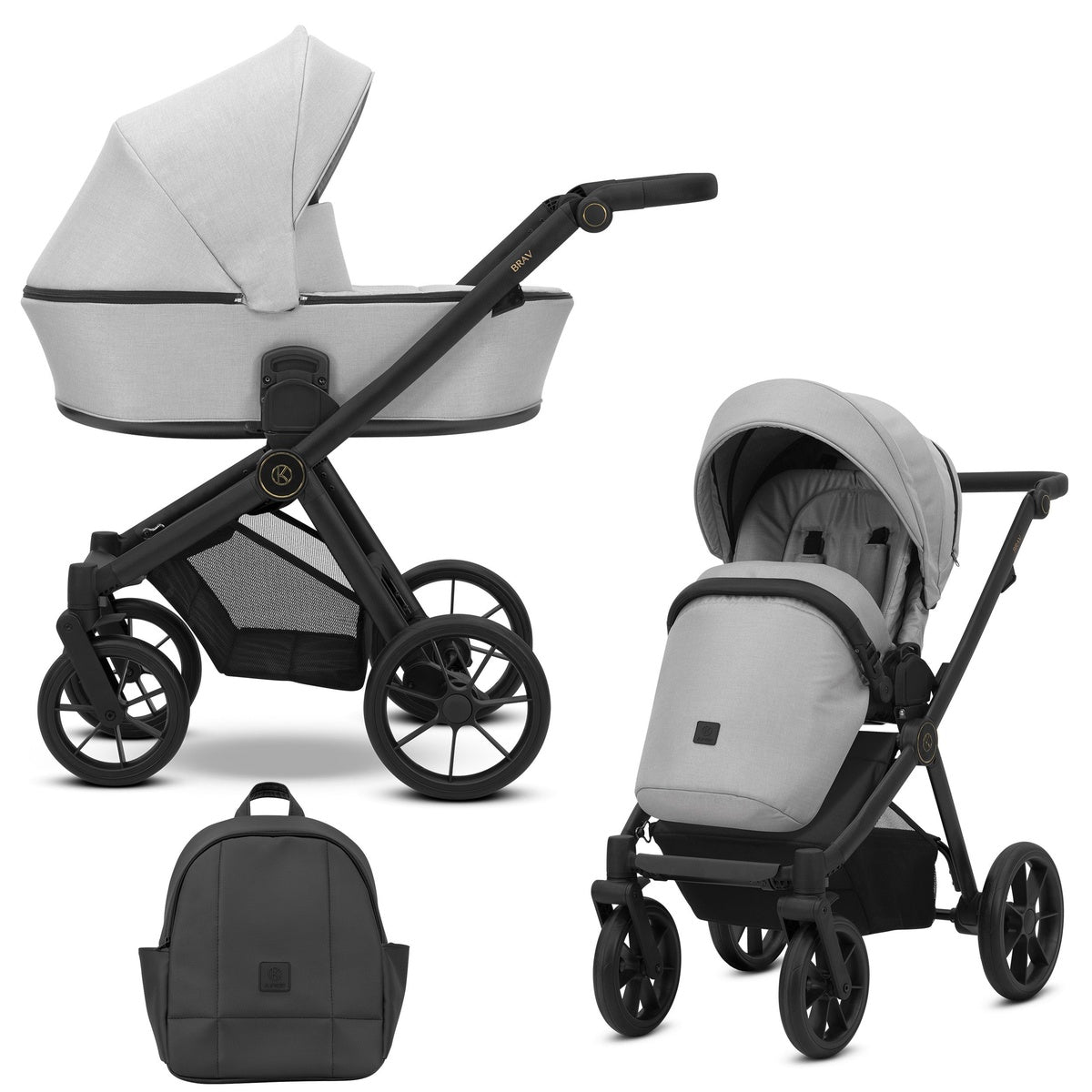 Kombikinderwagen in zwei Ansichten: links Seitenansicht, rechts Frontansicht, unten Vorderansicht eines passenden Rucksacks.