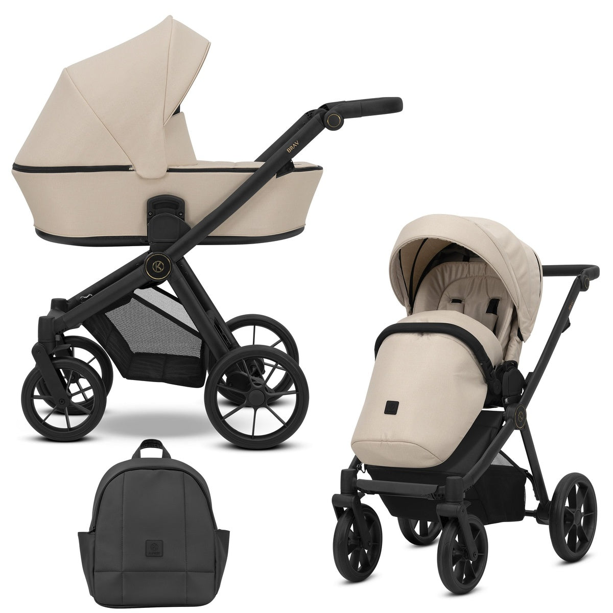 Kombikinderwagen in zwei Ansichten: links Seitenansicht, rechts Frontansicht, unten Vorderansicht eines passenden Rucksacks.