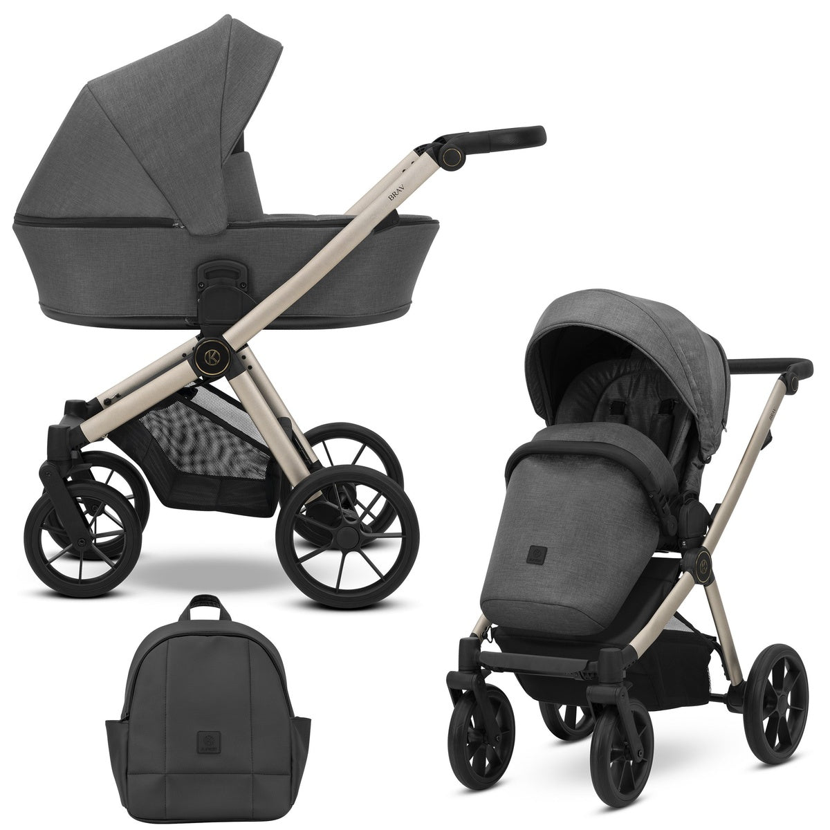 Kombikinderwagen in zwei Ansichten: links Seitenansicht, rechts Frontansicht, unten Vorderansicht eines passenden Rucksacks.