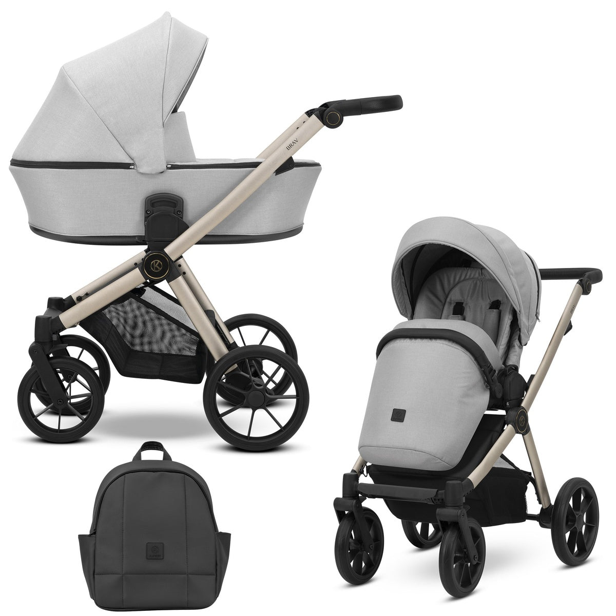 Kombikinderwagen in zwei Ansichten: links Seitenansicht, rechts Frontansicht, unten Vorderansicht eines passenden Rucksacks.