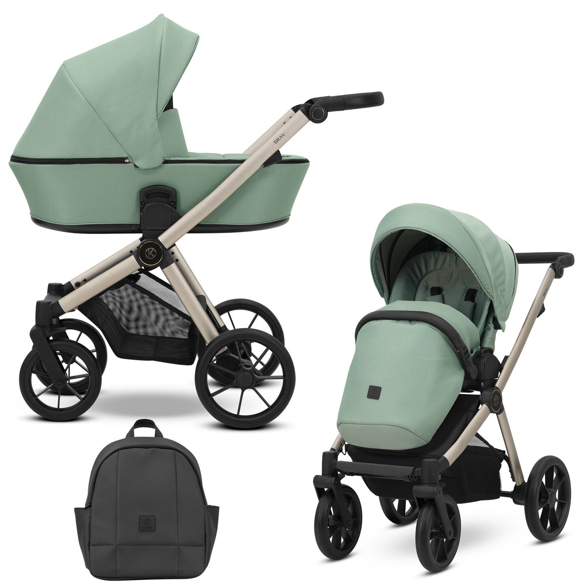 Kombikinderwagen in zwei Ansichten: links Seitenansicht, rechts Frontansicht, unten Vorderansicht eines passenden Rucksacks.