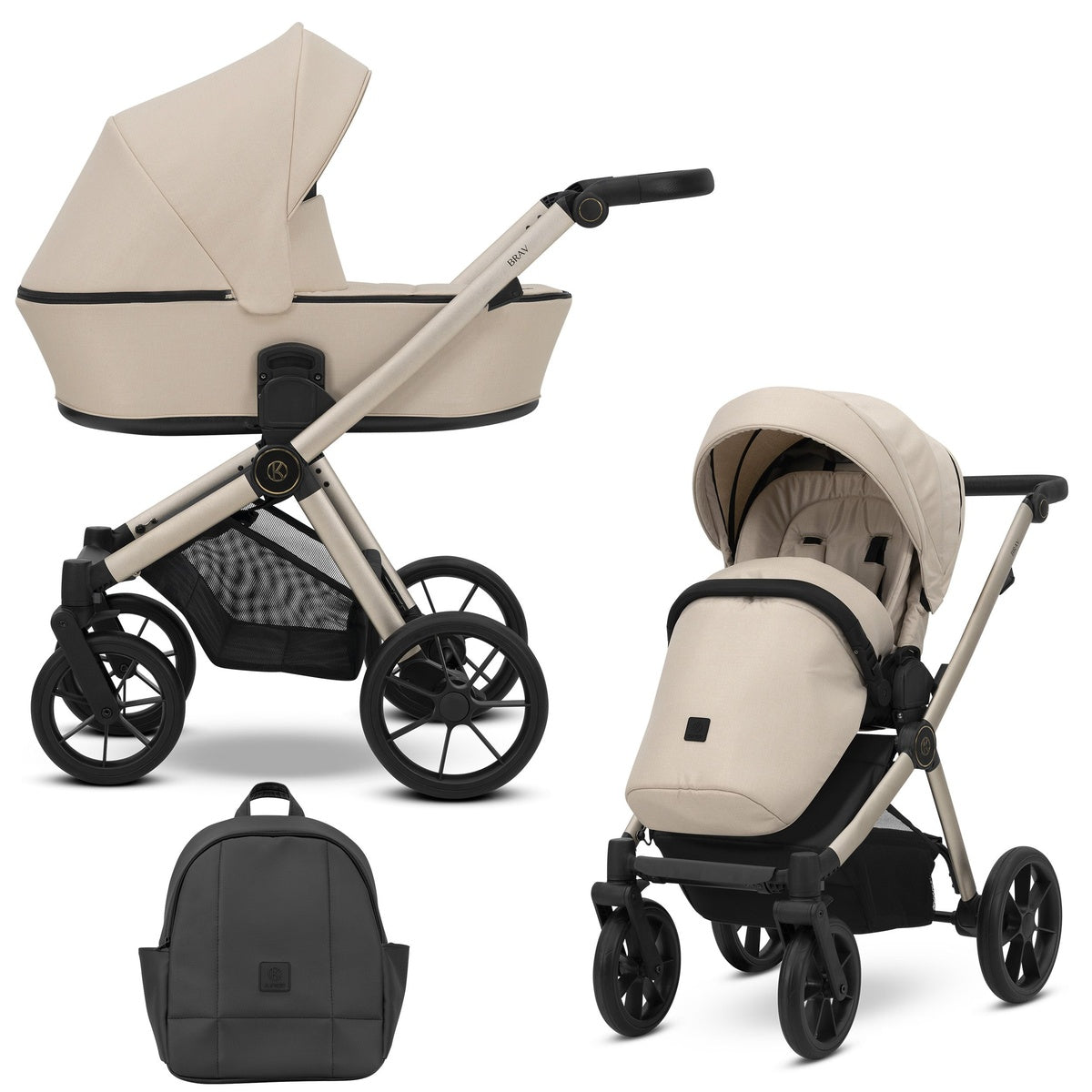 Kombikinderwagen in zwei Ansichten: links Seitenansicht, rechts Frontansicht, unten Vorderansicht eines passenden Rucksacks.