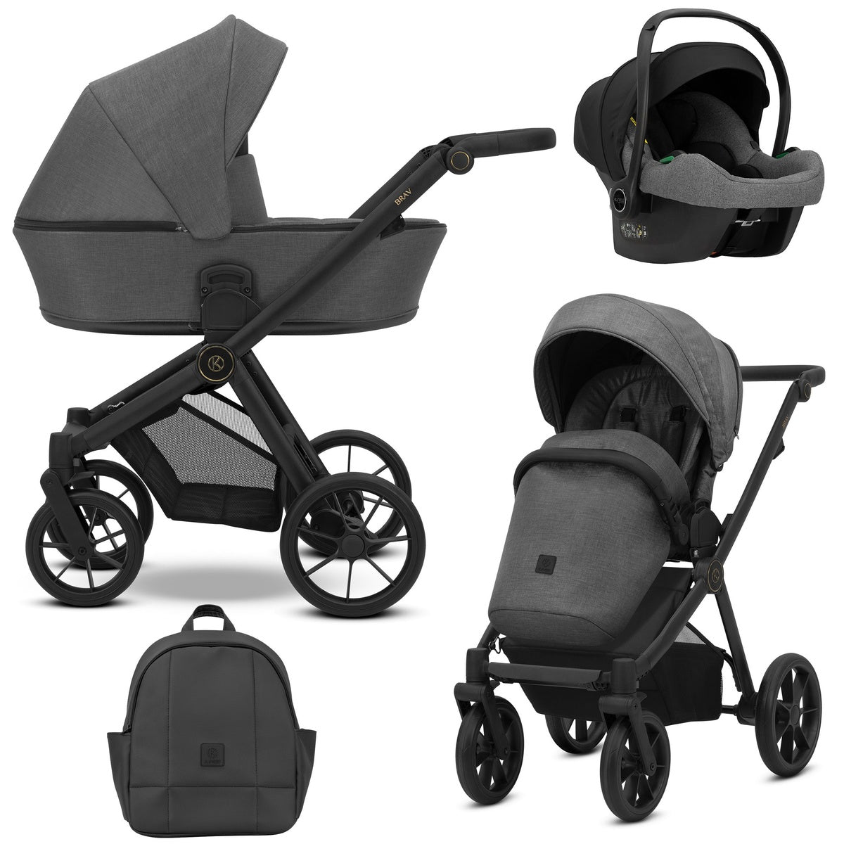 Kombikinderwagen in drei Ansichten: links Seitenansicht mit Babywanne, rechts Frontansicht mit Sportsitz, unten Vorderansicht eines passenden Rucksacks, rechts oben Ansicht eines passenden Autositz dazu.