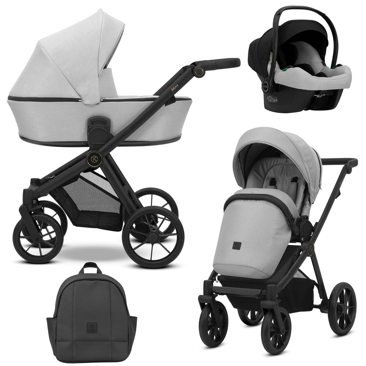 Kombikinderwagen in drei Ansichten: links Seitenansicht mit Babywanne, rechts Frontansicht mit Sportsitz, unten Vorderansicht eines passenden Rucksacks, rechts oben Ansicht eines passenden Autositz dazu.