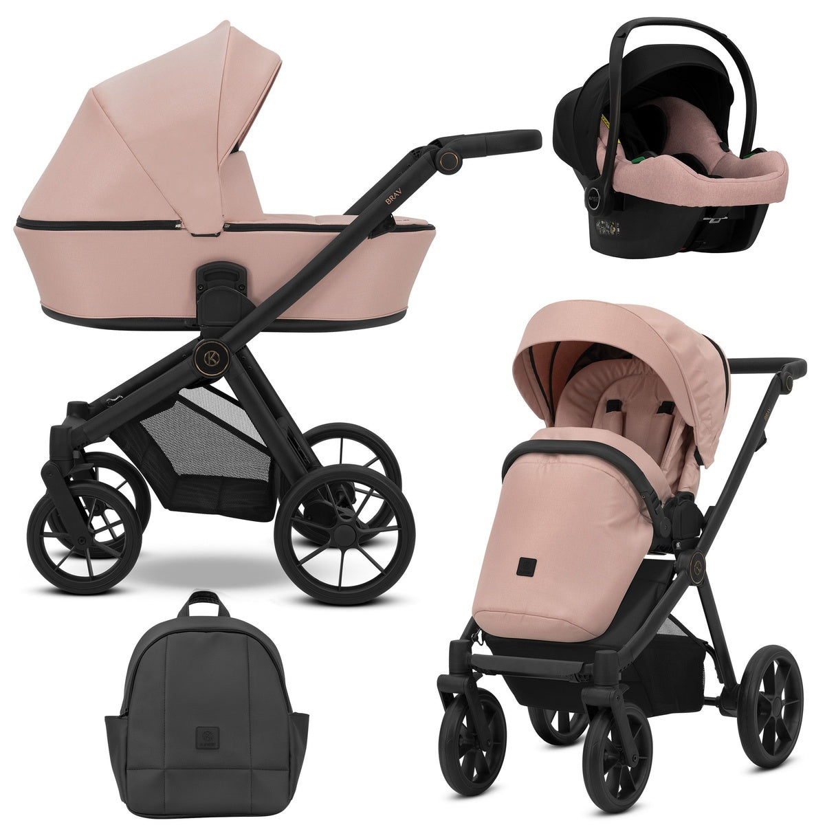 Kombikinderwagen in drei Ansichten: links Seitenansicht mit Babywanne, rechts Frontansicht mit Sportsitz, unten Vorderansicht eines passenden Rucksacks, rechts oben Ansicht eines passenden Autositz dazu.
