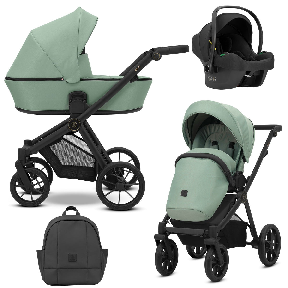 Kombikinderwagen in drei Ansichten: links Seitenansicht mit Babywanne, rechts Frontansicht mit Sportsitz, unten Vorderansicht eines passenden Rucksacks, rechts oben Ansicht eines passenden Autositz dazu.