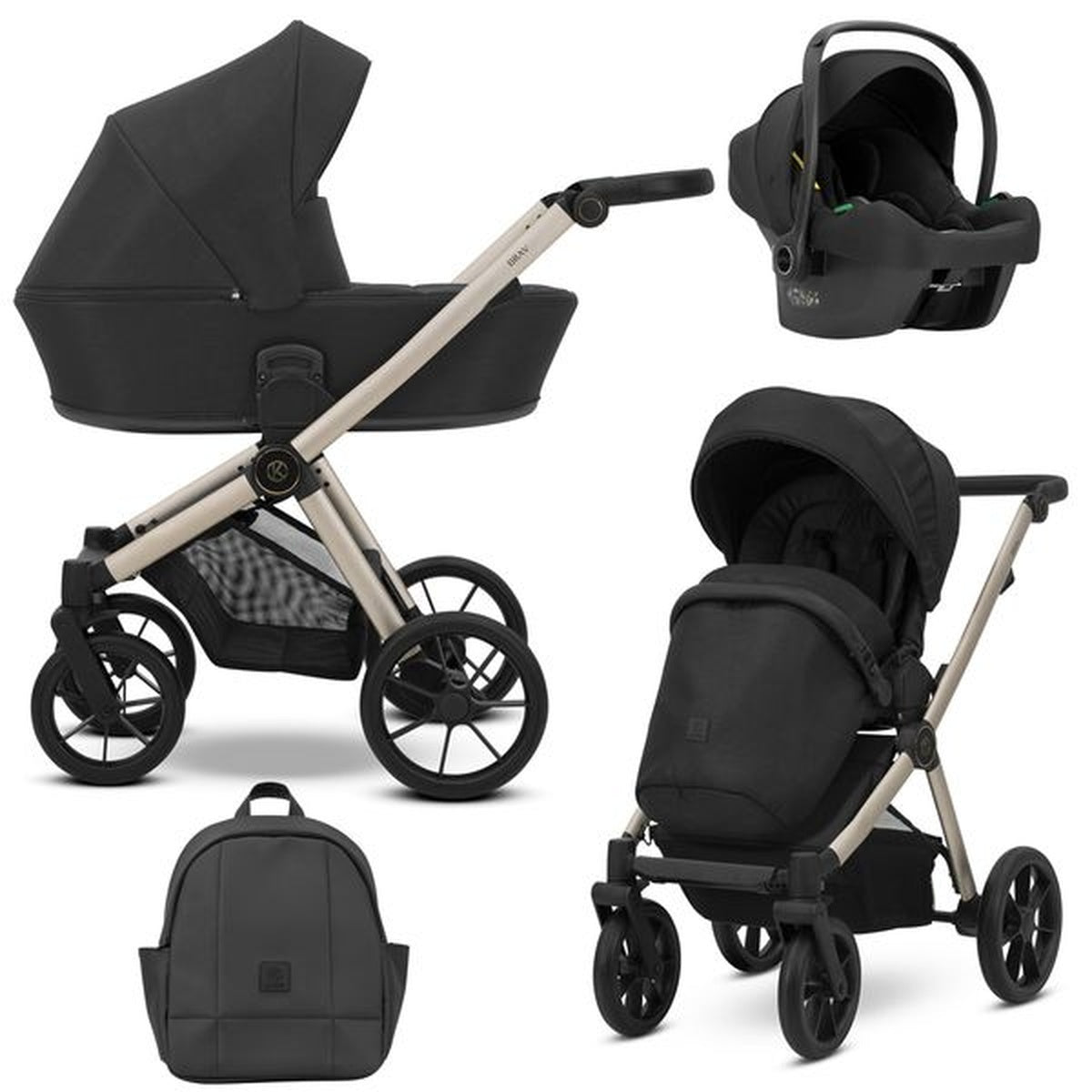 Kombikinderwagen in drei Ansichten: links Seitenansicht mit Babywanne, rechts Frontansicht mit Sportsitz, unten Vorderansicht eines passenden Rucksacks, rechts oben Ansicht eines passenden Autositz dazu.