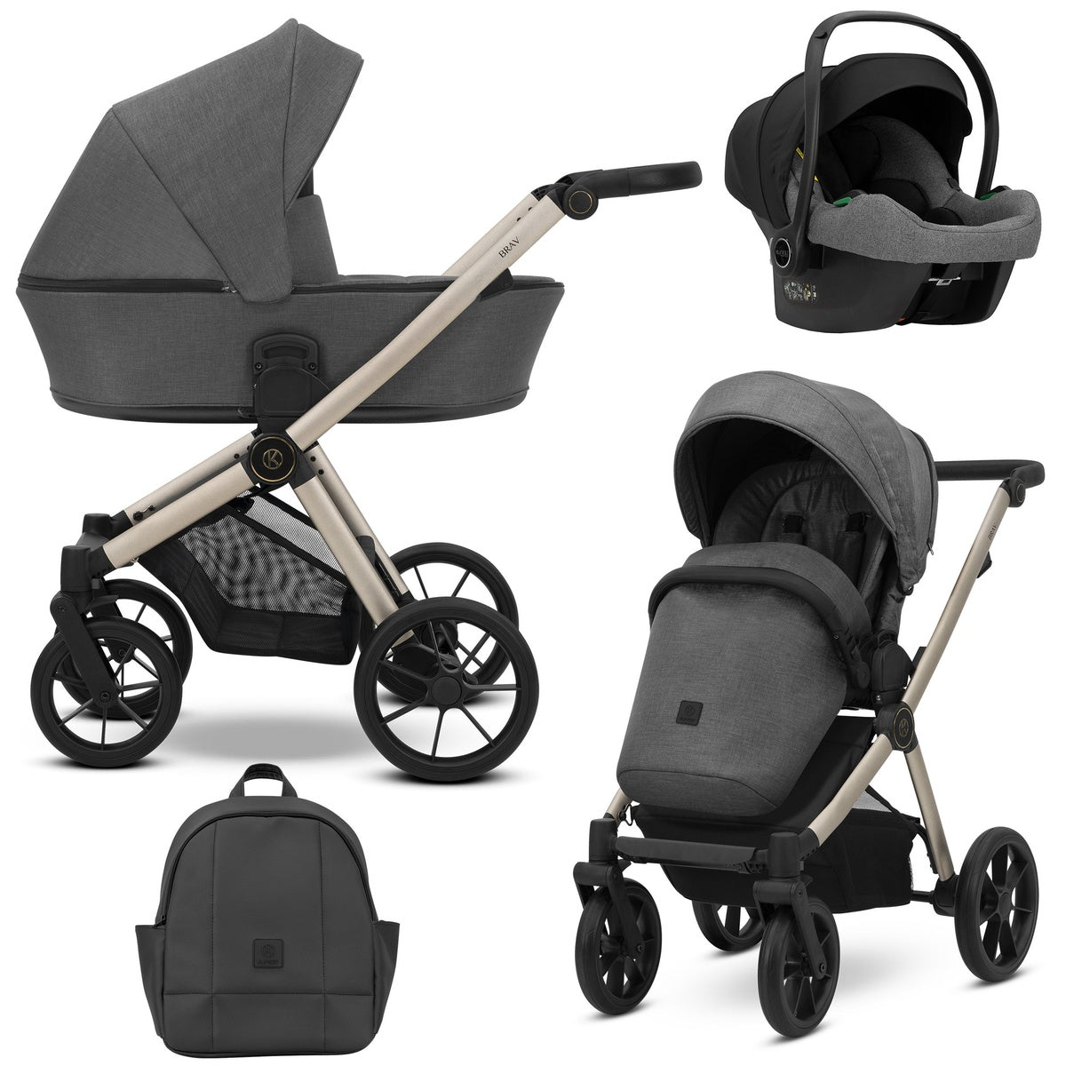 Kombikinderwagen in drei Ansichten: links Seitenansicht mit Babywanne, rechts Frontansicht mit Sportsitz, unten Vorderansicht eines passenden Rucksacks, rechts oben Ansicht eines passenden Autositz dazu.