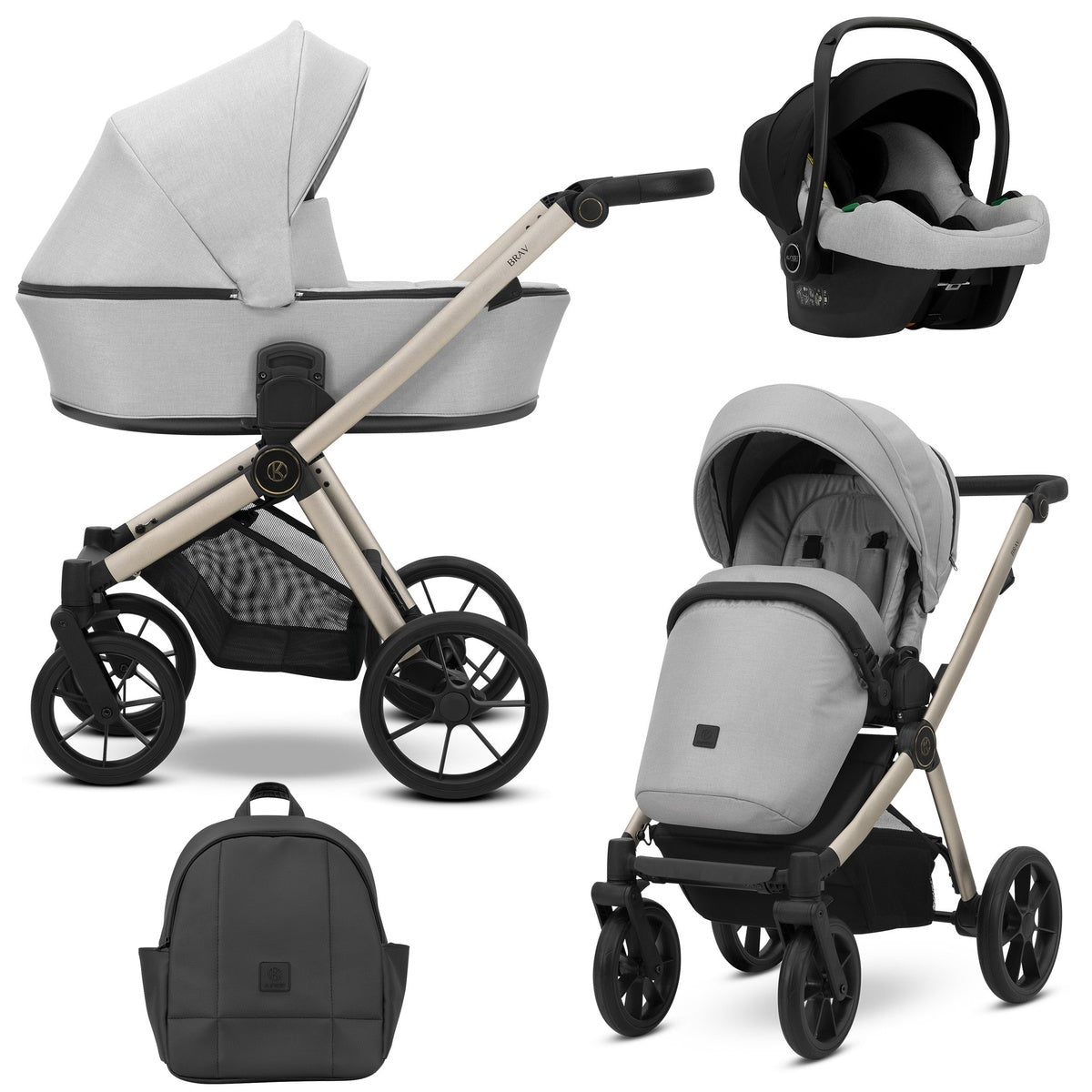 Kombikinderwagen in drei Ansichten: links Seitenansicht mit Babywanne, rechts Frontansicht mit Sportsitz, unten Vorderansicht eines passenden Rucksacks, rechts oben Ansicht eines passenden Autositz dazu.