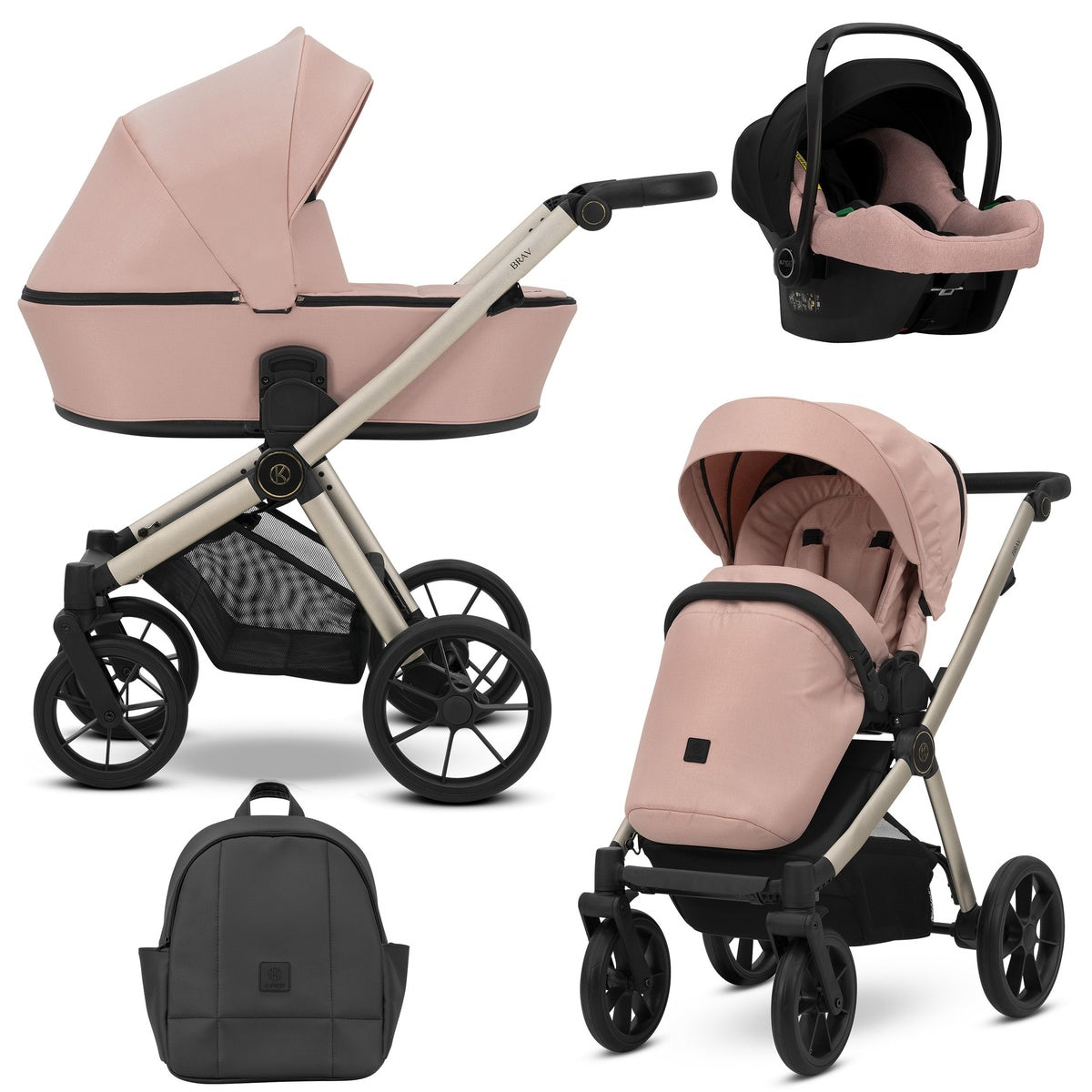 Kombikinderwagen in drei Ansichten: links Seitenansicht mit Babywanne, rechts Frontansicht mit Sportsitz, unten Vorderansicht eines passenden Rucksacks, rechts oben Ansicht eines passenden Autositz dazu.
