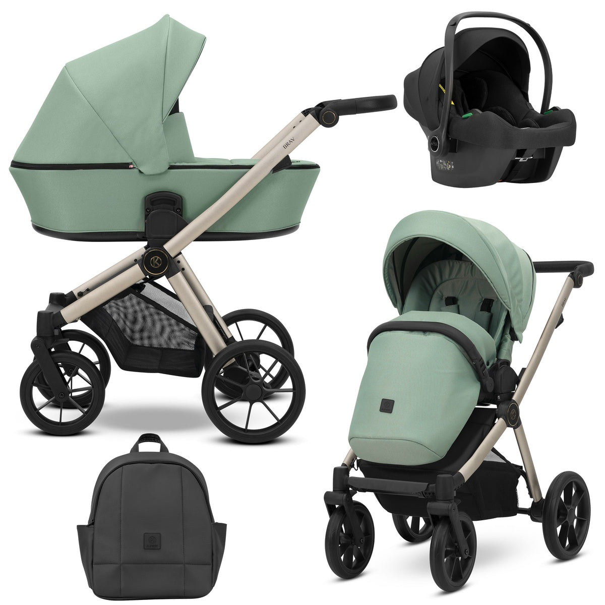 Kombikinderwagen in drei Ansichten: links Seitenansicht mit Babywanne, rechts Frontansicht mit Sportsitz, unten Vorderansicht eines passenden Rucksacks, rechts oben Ansicht eines passenden Autositz dazu.
