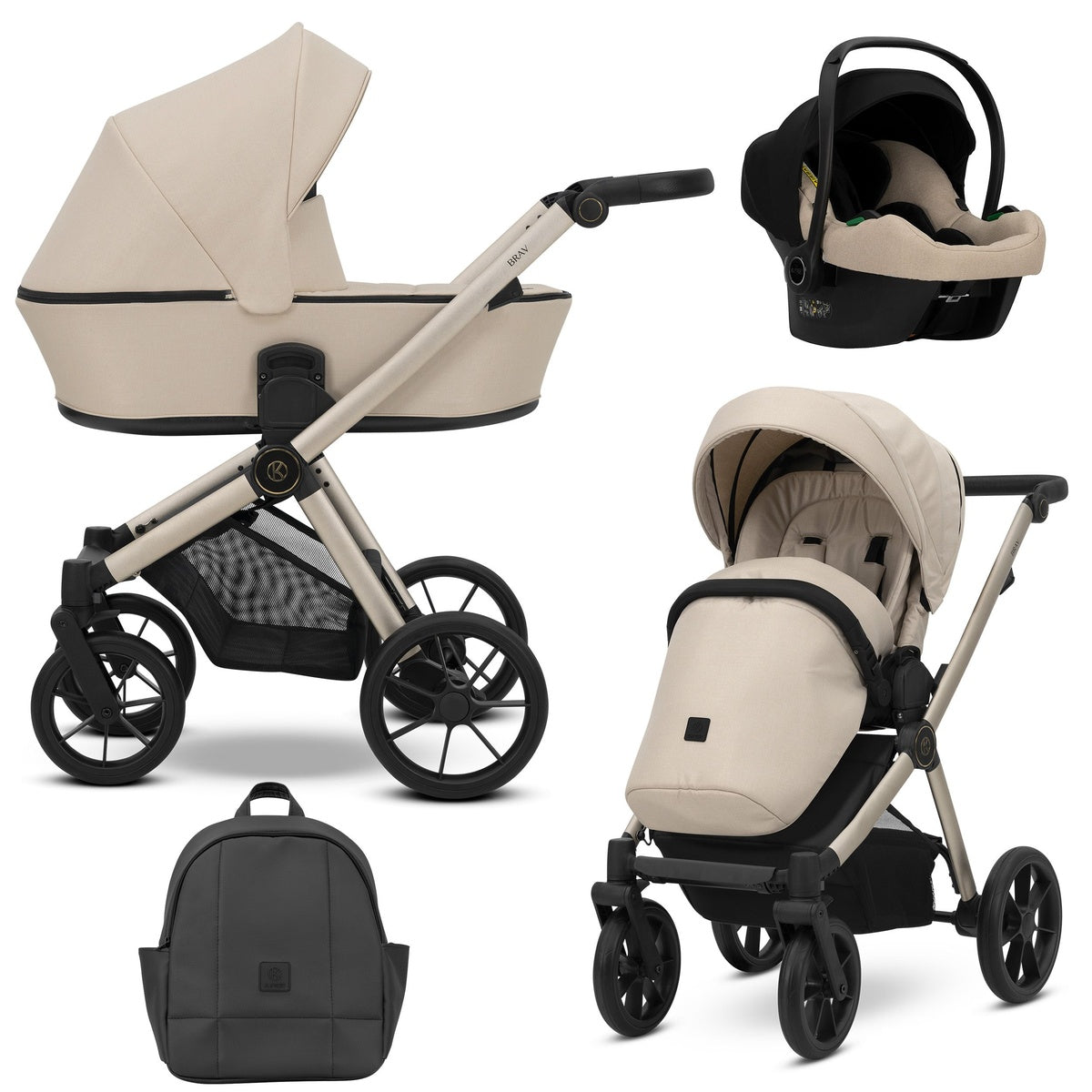 Kombikinderwagen in drei Ansichten: links Seitenansicht mit Babywanne, rechts Frontansicht mit Sportsitz, unten Vorderansicht eines passenden Rucksacks, rechts oben Ansicht eines passenden Autositz dazu.