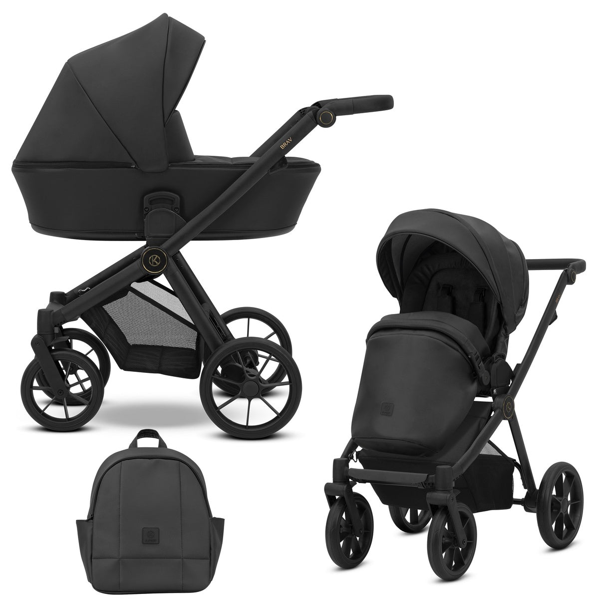 Kombikinderwagen in zwei Ansichten: links Seitenansicht, rechts Frontansicht, unten Vorderansicht eines passenden Rucksacks.