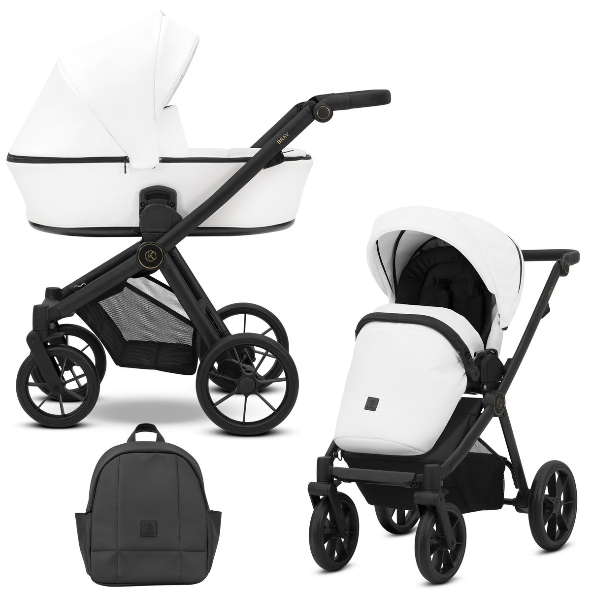 Kombikinderwagen in zwei Ansichten: links Seitenansicht, rechts Frontansicht, unten Vorderansicht eines passenden Rucksacks.