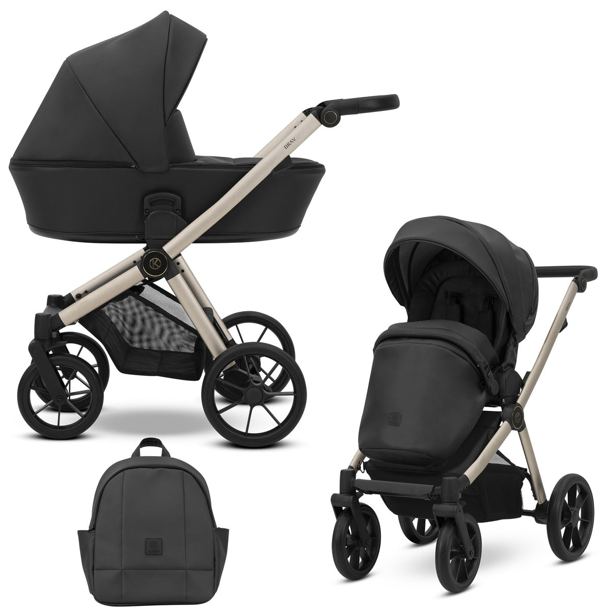 Kombikinderwagen in zwei Ansichten: links Seitenansicht, rechts Frontansicht, unten Vorderansicht eines passenden Rucksacks.