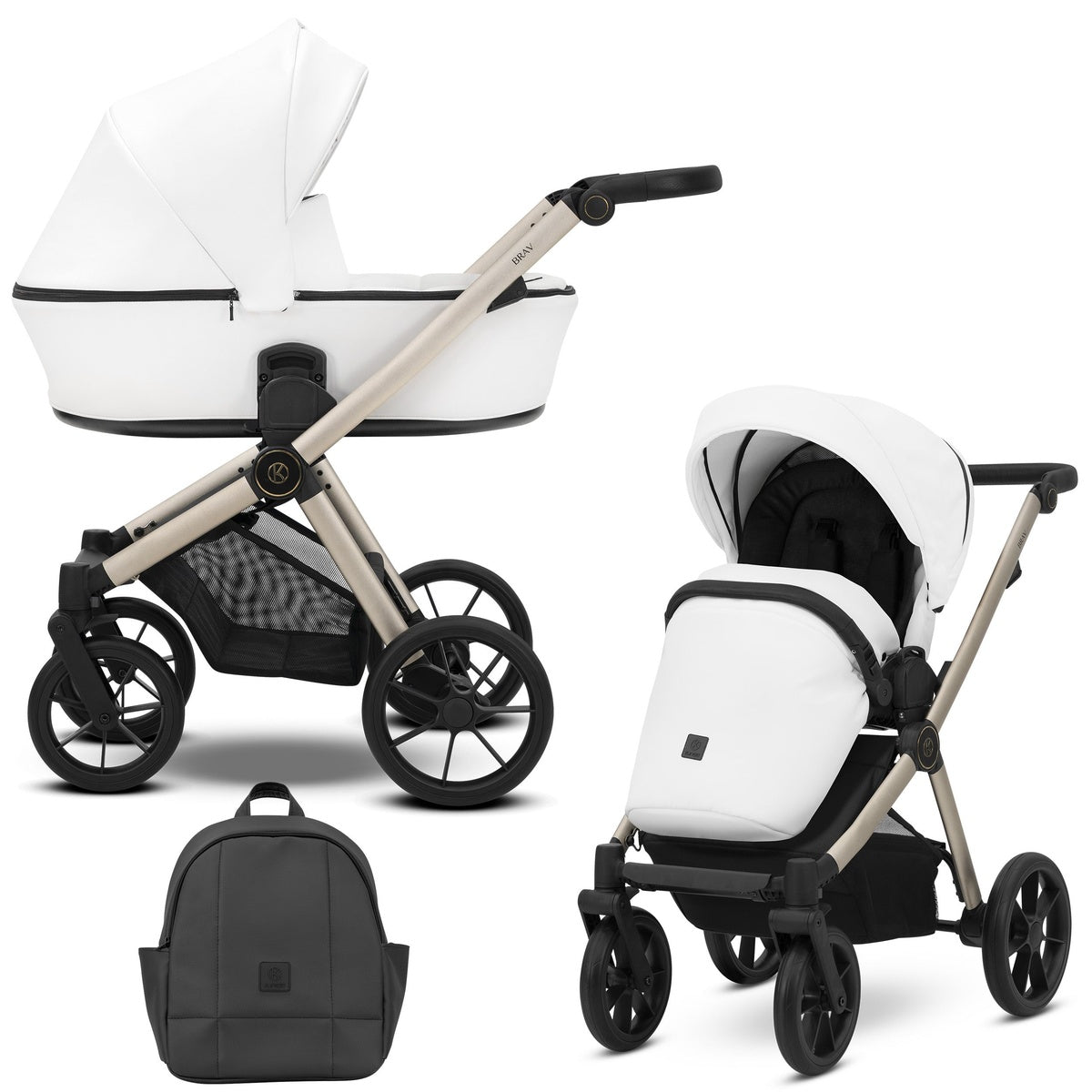 Kombikinderwagen in zwei Ansichten: links Seitenansicht, rechts Frontansicht, unten Vorderansicht eines passenden Rucksacks.
