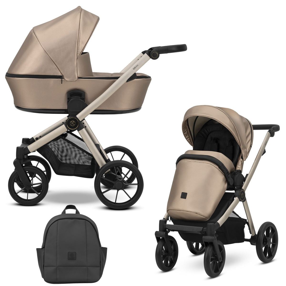 Kombikinderwagen in zwei Ansichten: links Seitenansicht, rechts Frontansicht, unten Vorderansicht eines passenden Rucksacks.