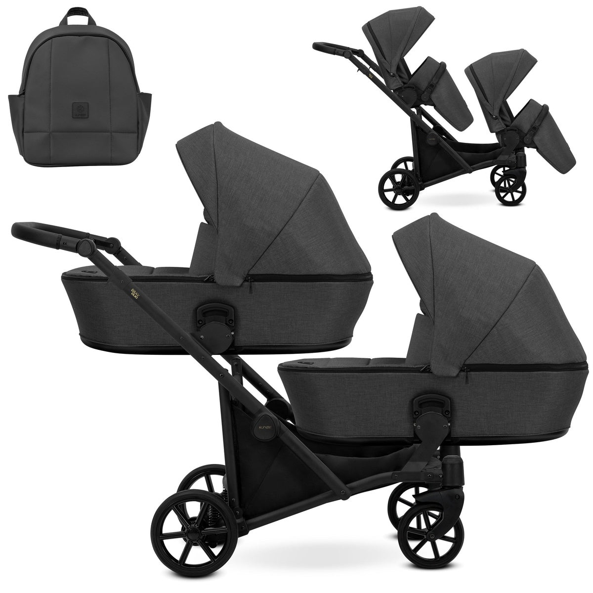 Zwillingskinderwagen-Set, Ansicht bestehend aus zwei 2-in-1 Kinderwagen in Graphit mit schwarzem Rahmen und einer Tasche.