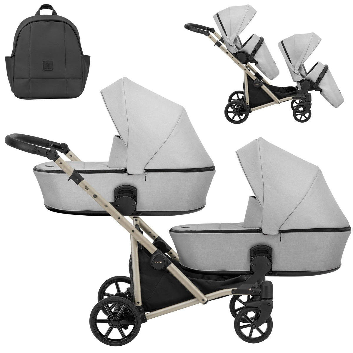Zwillingskinderwagen-Set, Ansicht bestehend aus zwei 2-in-1 Kinderwagen in Silber mit schwarzem Rahmen und einer Tasche.