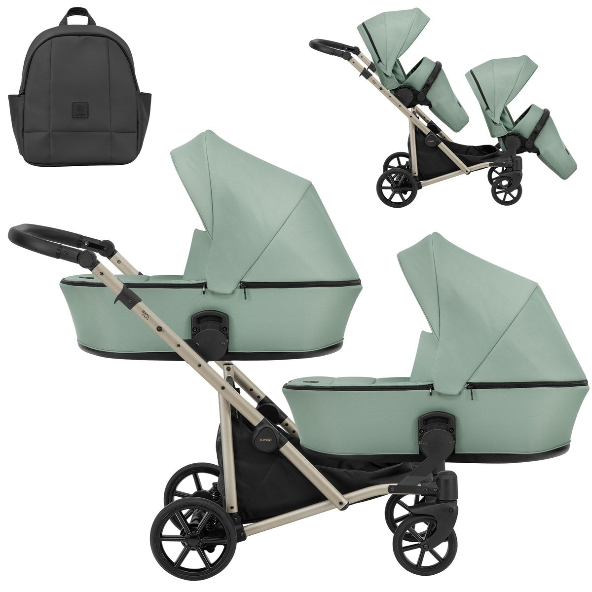Zwillingskinderwagen-Set, Ansicht bestehend aus zwei 2-in-1 Kinderwagen in Grün mit schwarzem Rahmen und einer Tasche.