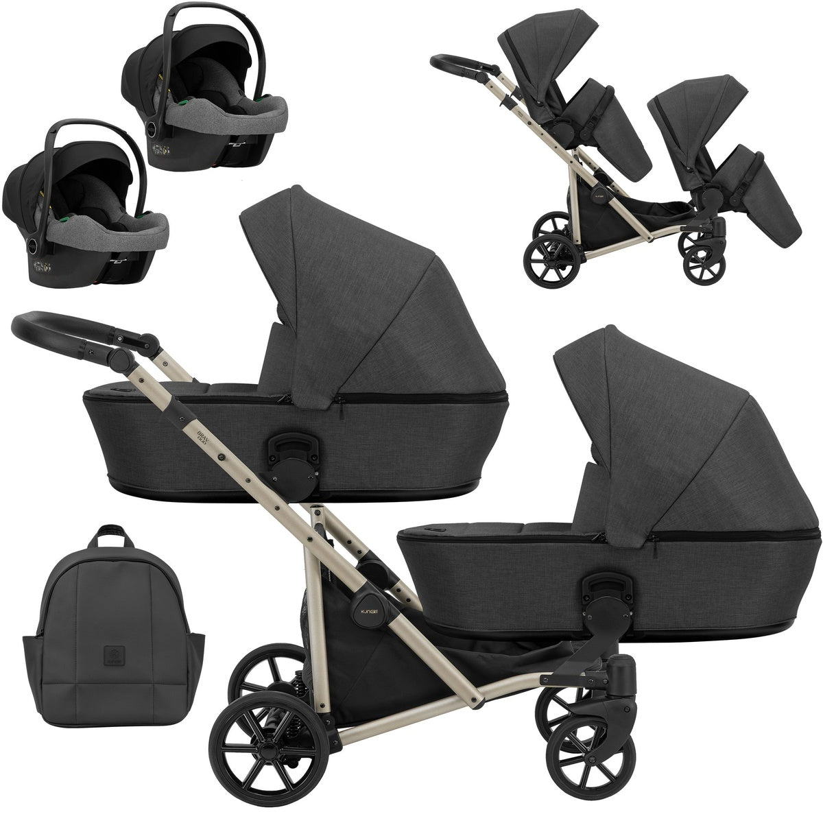 Zwillingskinderwagen-Set, Ansicht bestehend aus zwei 3-in-1 Kinderwagen in Dunkelgrau mit schwarzem Rahmen sowie einer Tasche und 2x Kinderautositz.