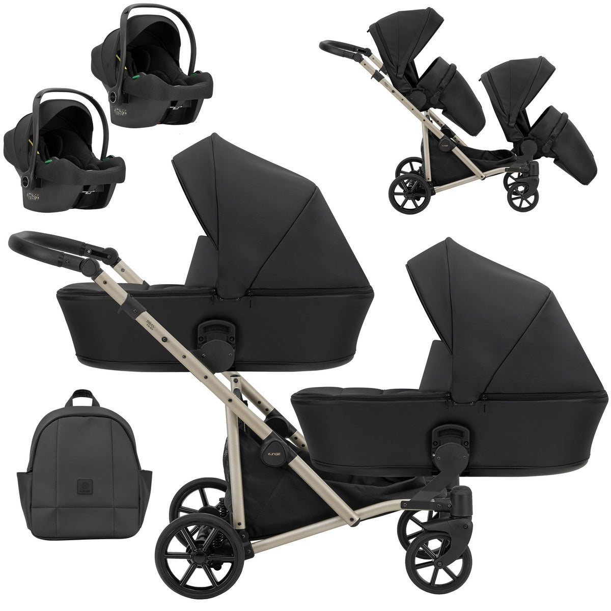 Zwillingskinderwagen-Set, Ansicht bestehend aus zwei 3-in-1 Kinderwagen in Schwarz mit schwarzem Rahmen sowie einer Tasche und 2x Kinderautositz.