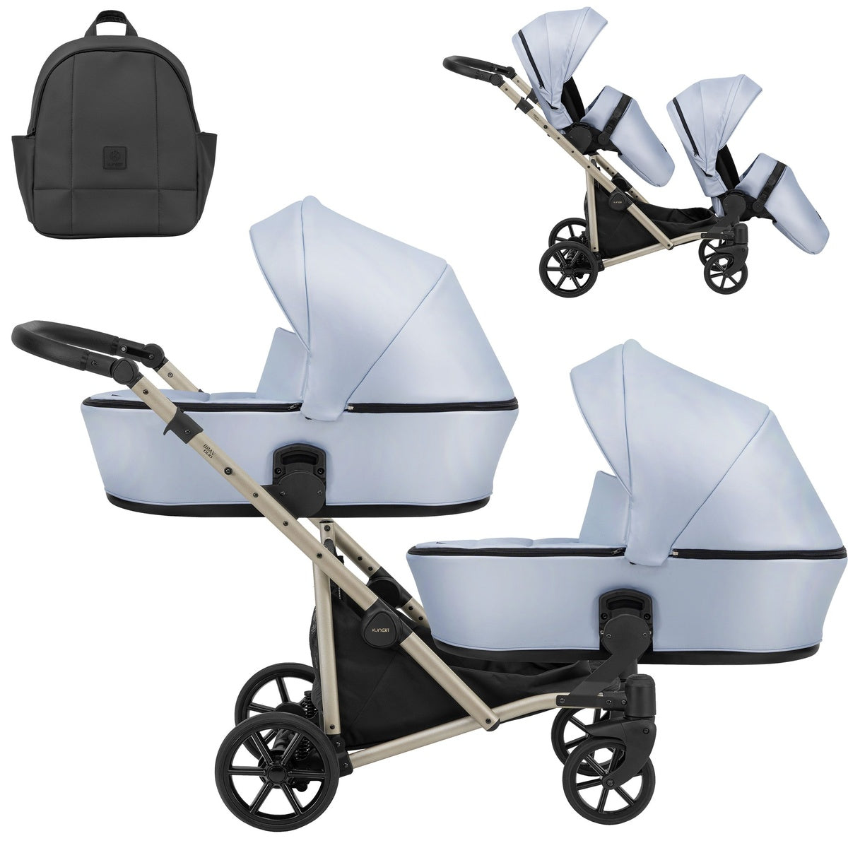 Zwillingskinderwagen-Set, Ansicht bestehend aus zwei 2-in-1 Kinderwagen in Blau mit schwarzem Rahmen und einer Tasche.